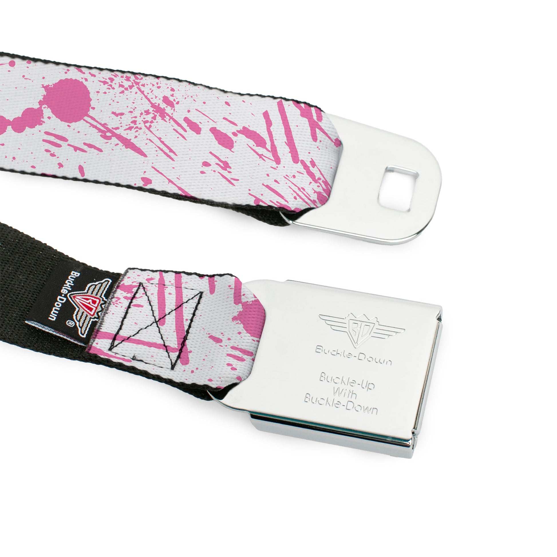 BD Wings Logo CLOSE-UP Full Color Black Silver Seatbelt Belt - Splatter White/Pink Webbing Seatbelt Belts Buckle-Down