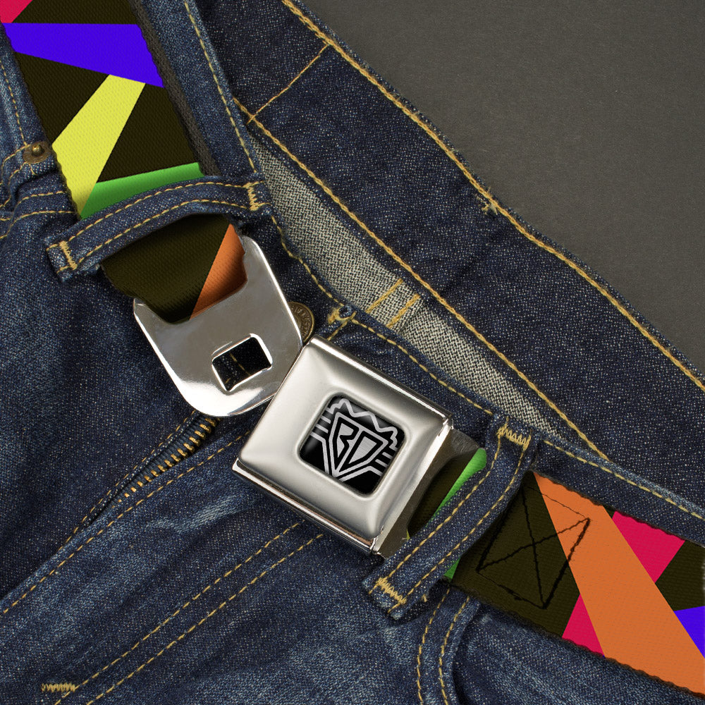 BD Wings Logo CLOSE-UP Full Color Black Silver Seatbelt Belt - Spotlight Black/Multi Neon Webbing Seatbelt Belts Buckle-Down