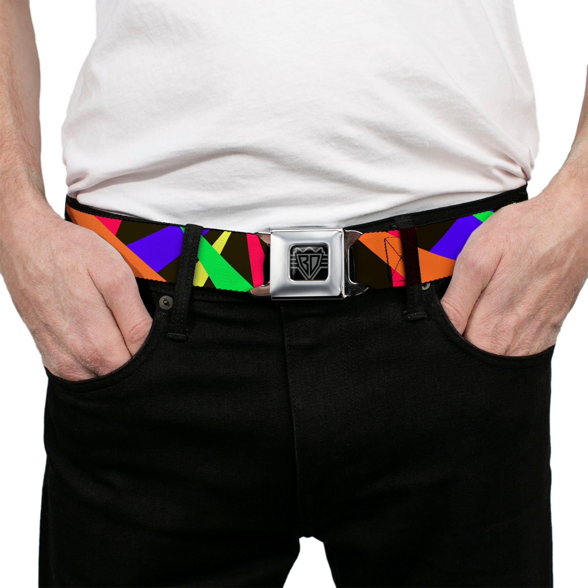 BD Wings Logo CLOSE-UP Full Color Black Silver Seatbelt Belt - Spotlight Black/Multi Neon Webbing Seatbelt Belts Buckle-Down