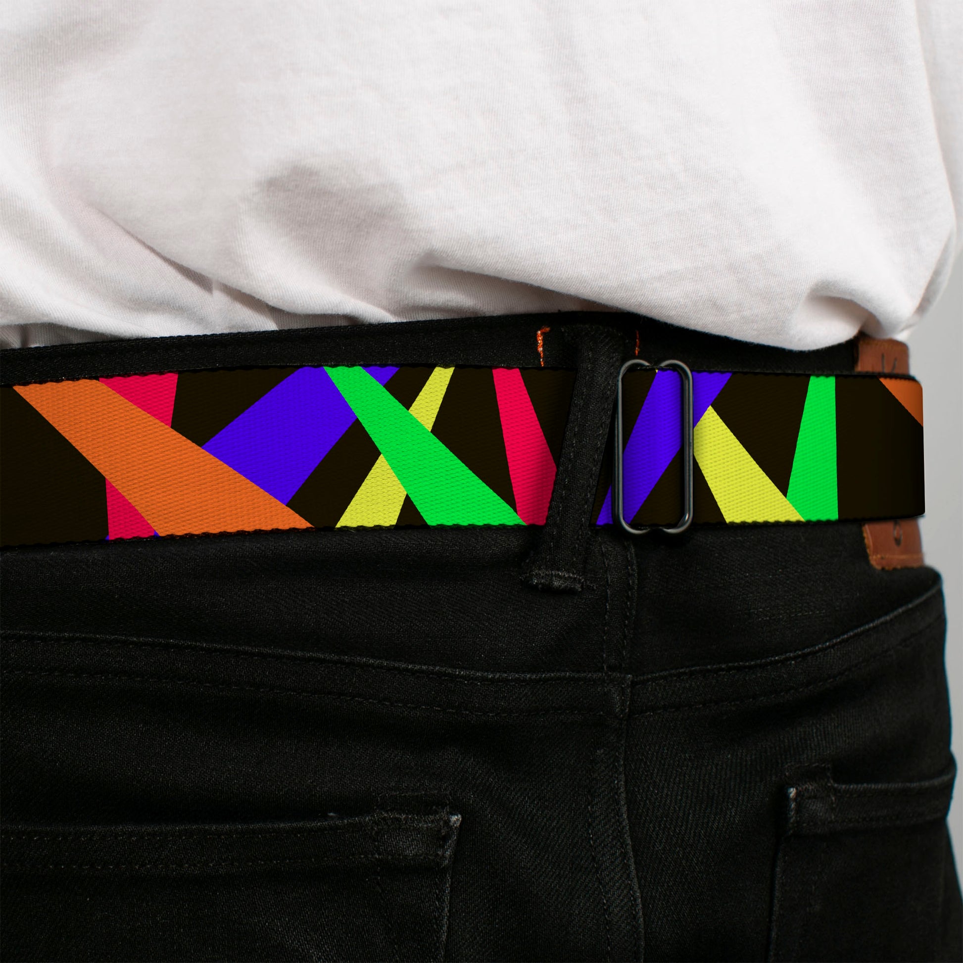 BD Wings Logo CLOSE-UP Full Color Black Silver Seatbelt Belt - Spotlight Black/Multi Neon Webbing Seatbelt Belts Buckle-Down