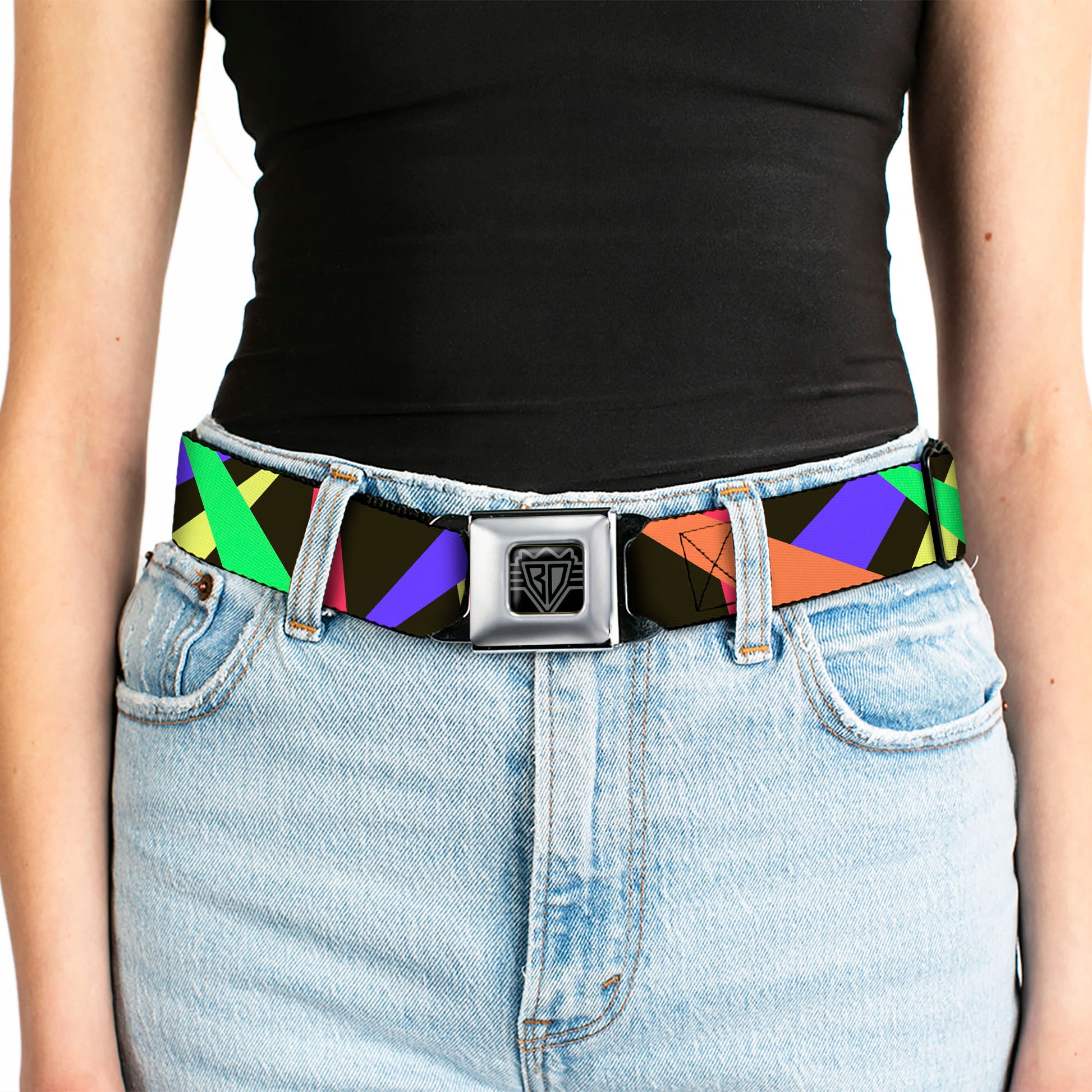 BD Wings Logo CLOSE-UP Full Color Black Silver Seatbelt Belt - Spotlight Black/Multi Neon Webbing Seatbelt Belts Buckle-Down