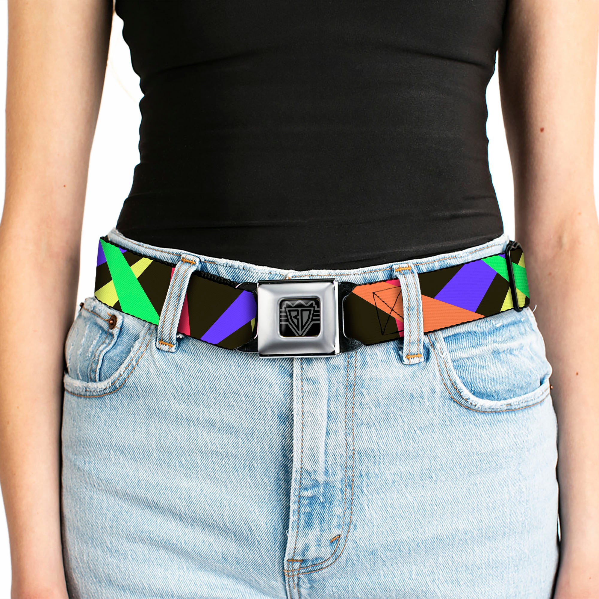 BD Wings Logo CLOSE-UP Full Color Black Silver Seatbelt Belt - Spotlight Black/Multi Neon Webbing Seatbelt Belts Buckle-Down