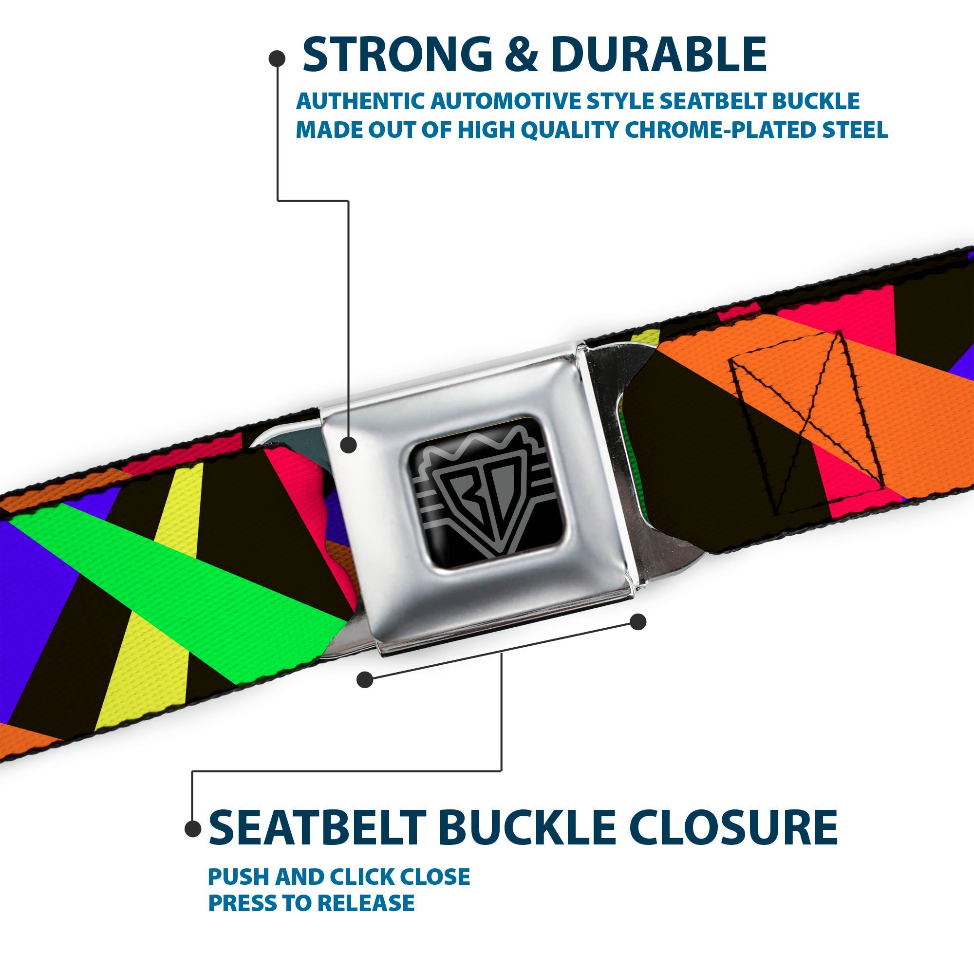 BD Wings Logo CLOSE-UP Full Color Black Silver Seatbelt Belt - Spotlight Black/Multi Neon Webbing Seatbelt Belts Buckle-Down