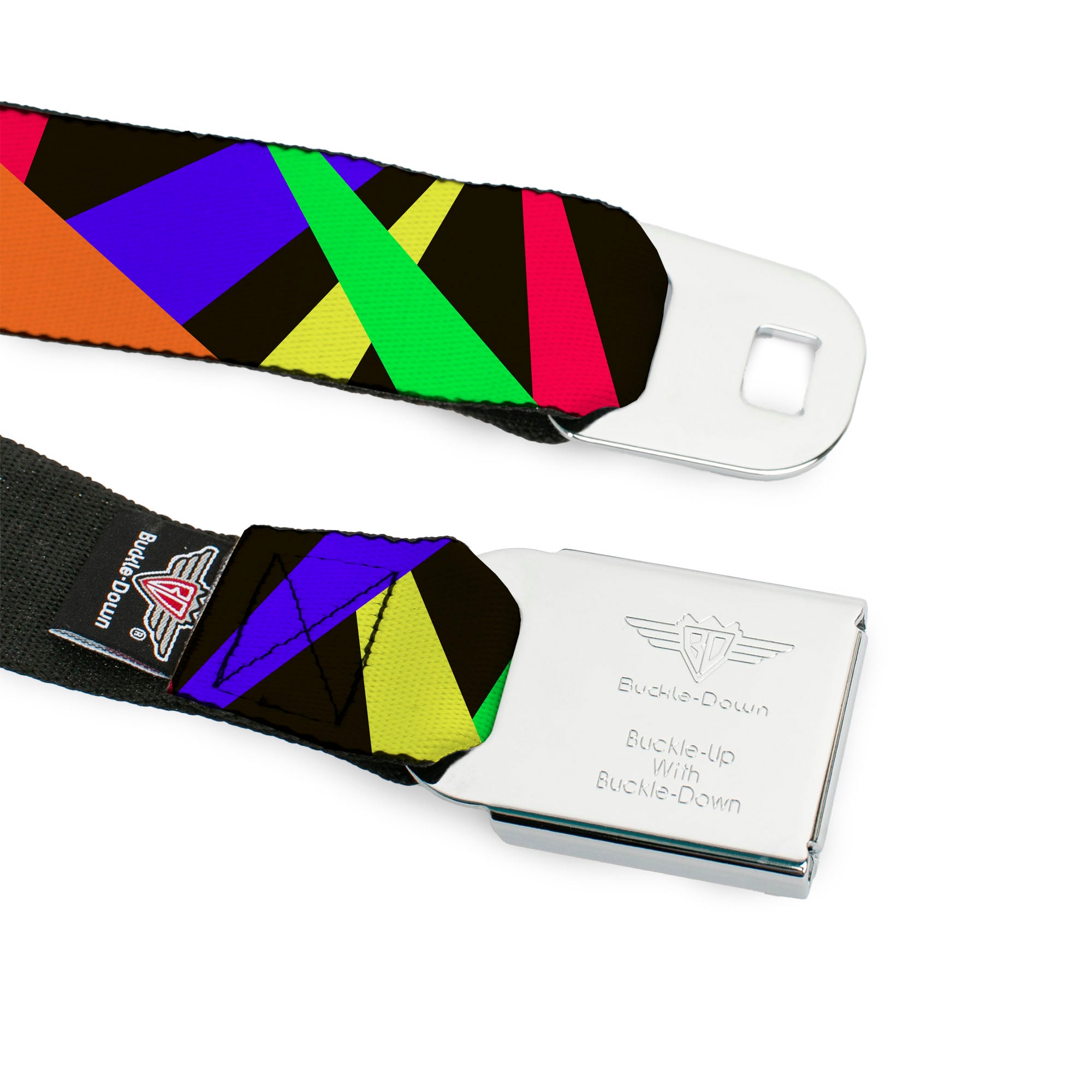 BD Wings Logo CLOSE-UP Full Color Black Silver Seatbelt Belt - Spotlight Black/Multi Neon Webbing Seatbelt Belts Buckle-Down
