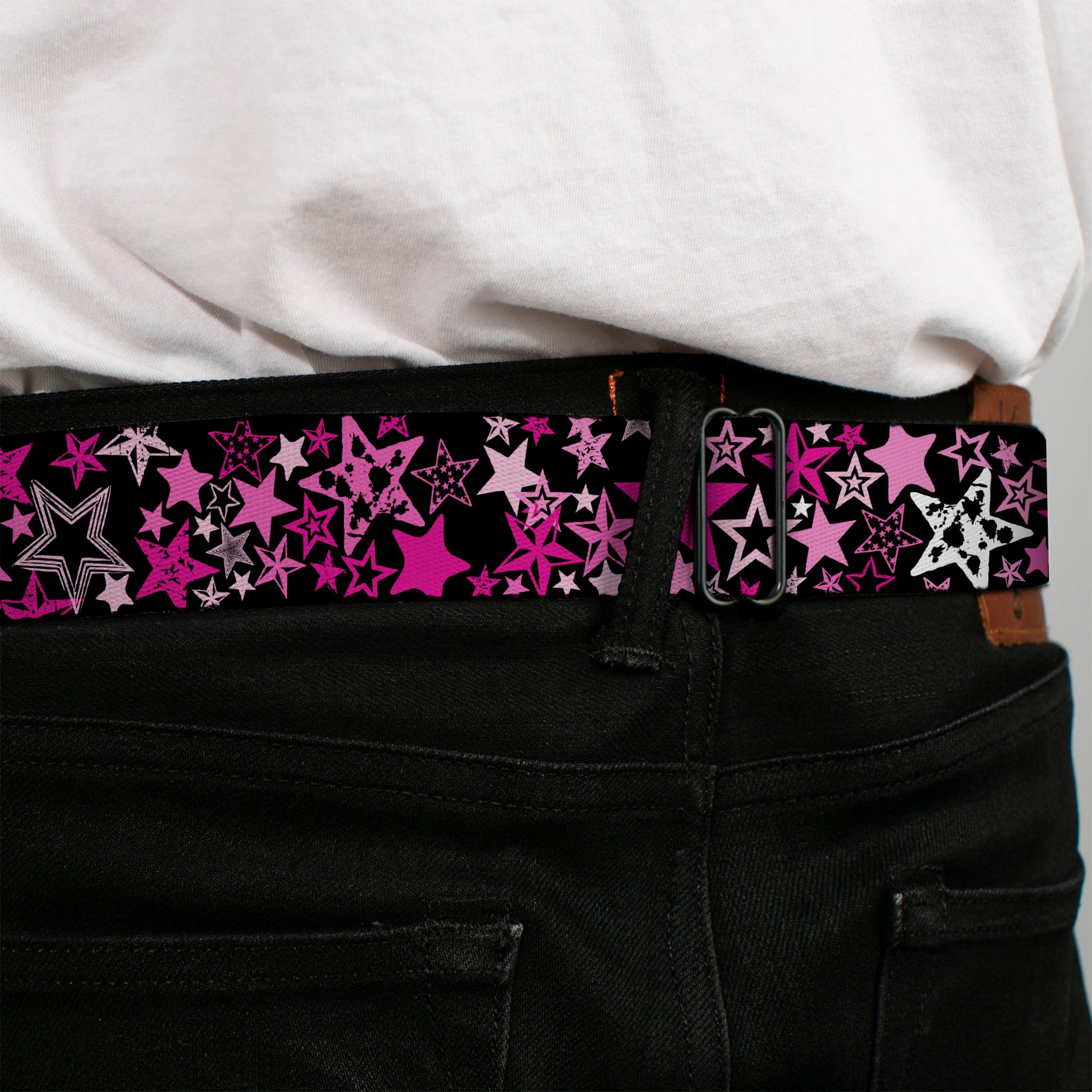 BD Wings Logo CLOSE-UP Full Color Black Silver Seatbelt Belt - Stargazer Black/Pink Webbing Seatbelt Belts Buckle-Down