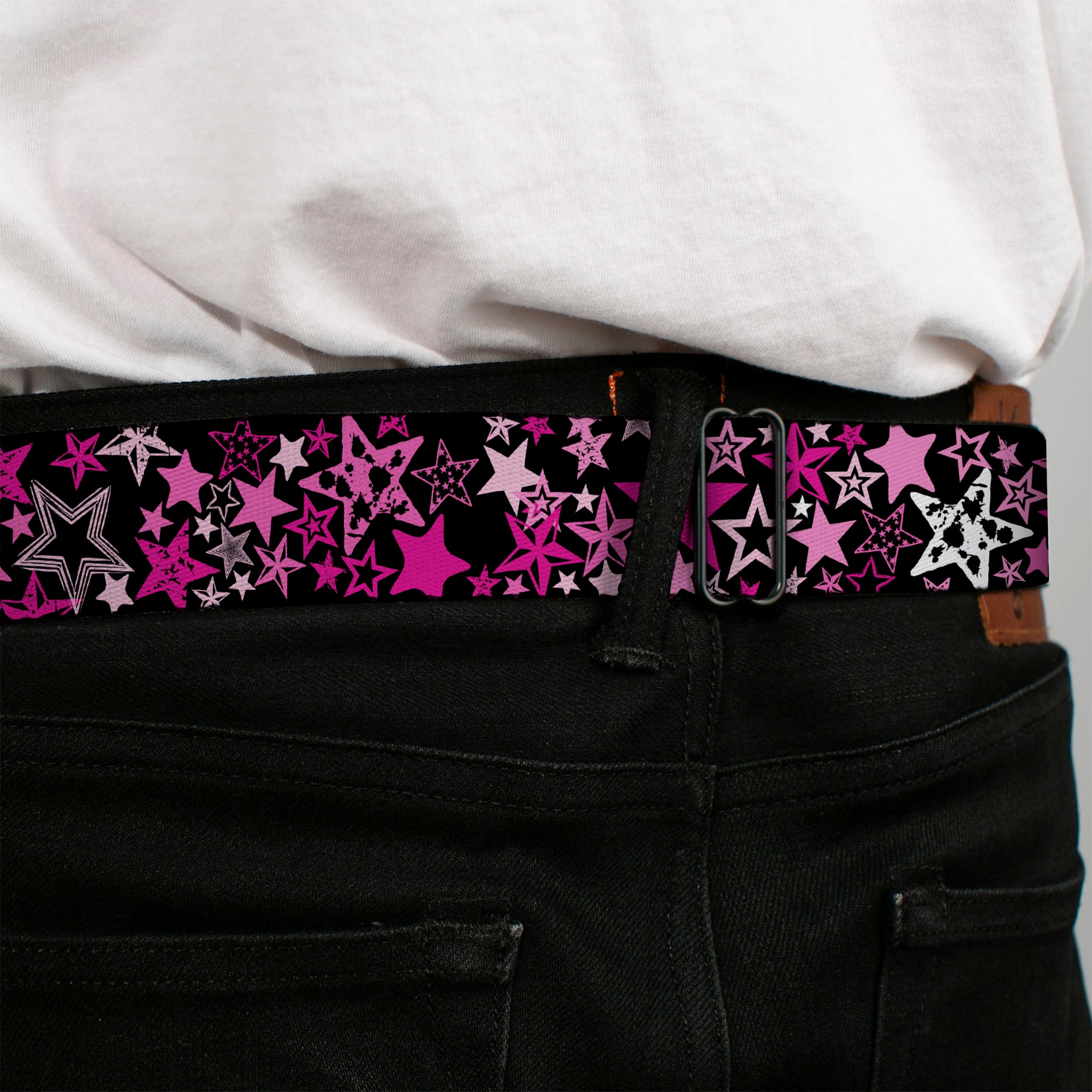 BD Wings Logo CLOSE-UP Full Color Black Silver Seatbelt Belt - Stargazer Black/Pink Webbing Seatbelt Belts Buckle-Down
