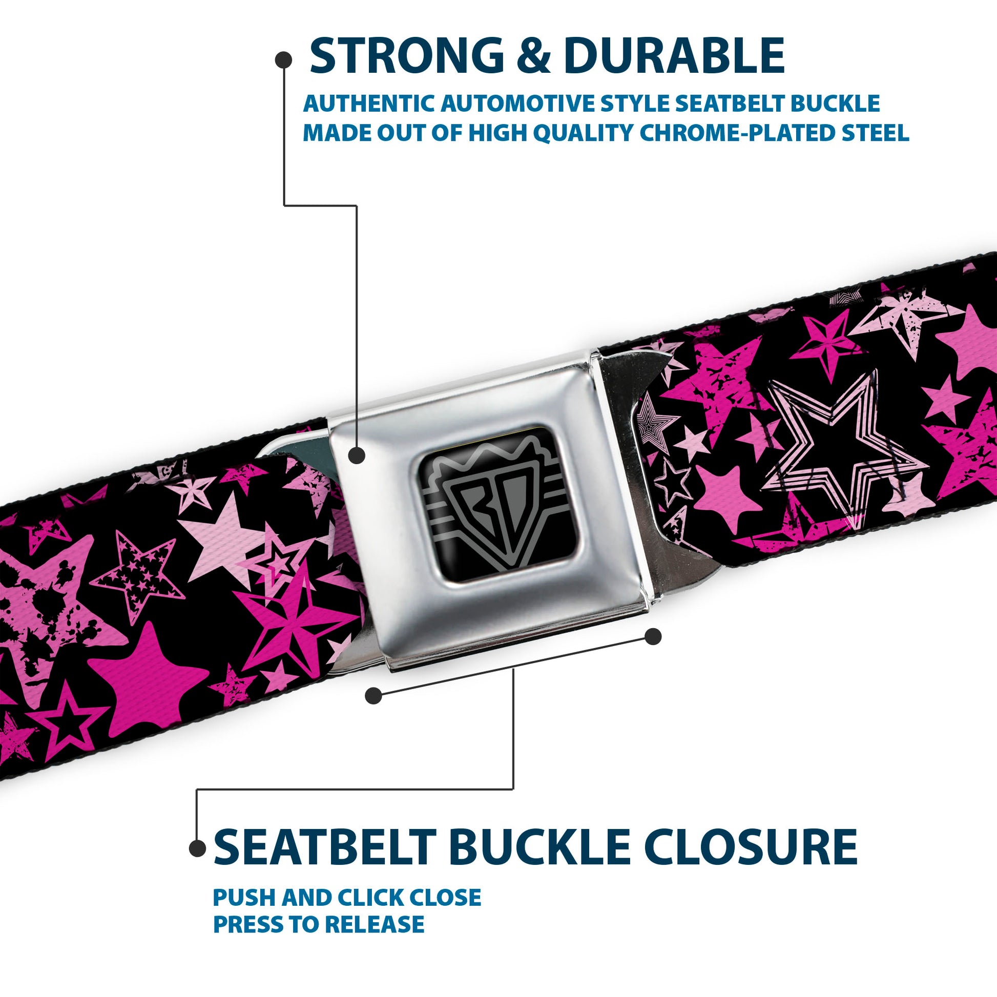 BD Wings Logo CLOSE-UP Full Color Black Silver Seatbelt Belt - Stargazer Black/Pink Webbing Seatbelt Belts Buckle-Down