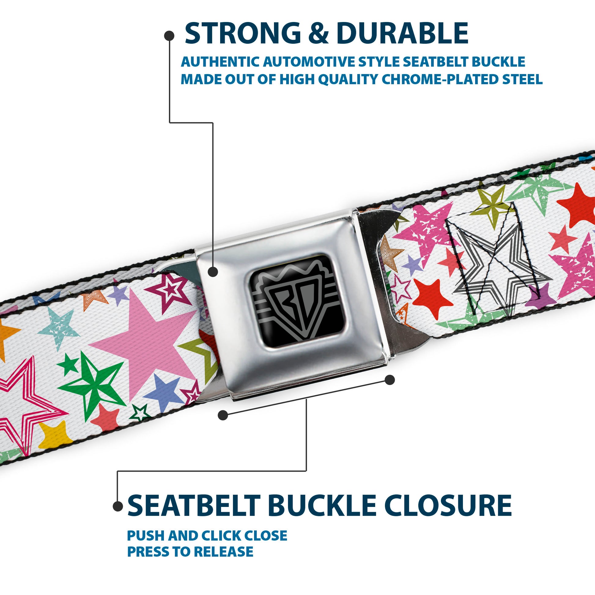 BD Wings Logo CLOSE-UP Full Color Black Silver Seatbelt Belt - Stargazer White/Multi Color Webbing Seatbelt Belts Buckle-Down