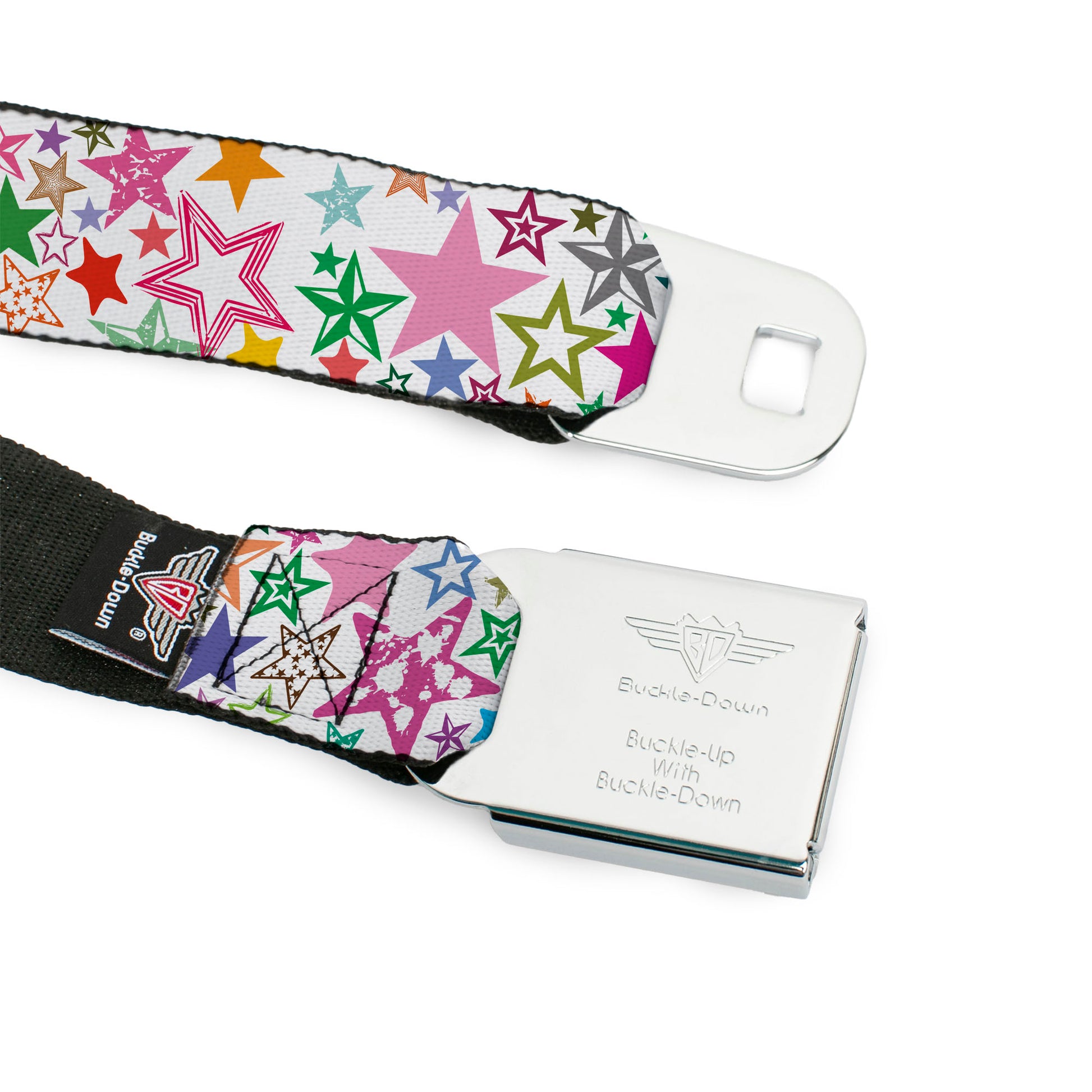 BD Wings Logo CLOSE-UP Full Color Black Silver Seatbelt Belt - Stargazer White/Multi Color Webbing Seatbelt Belts Buckle-Down