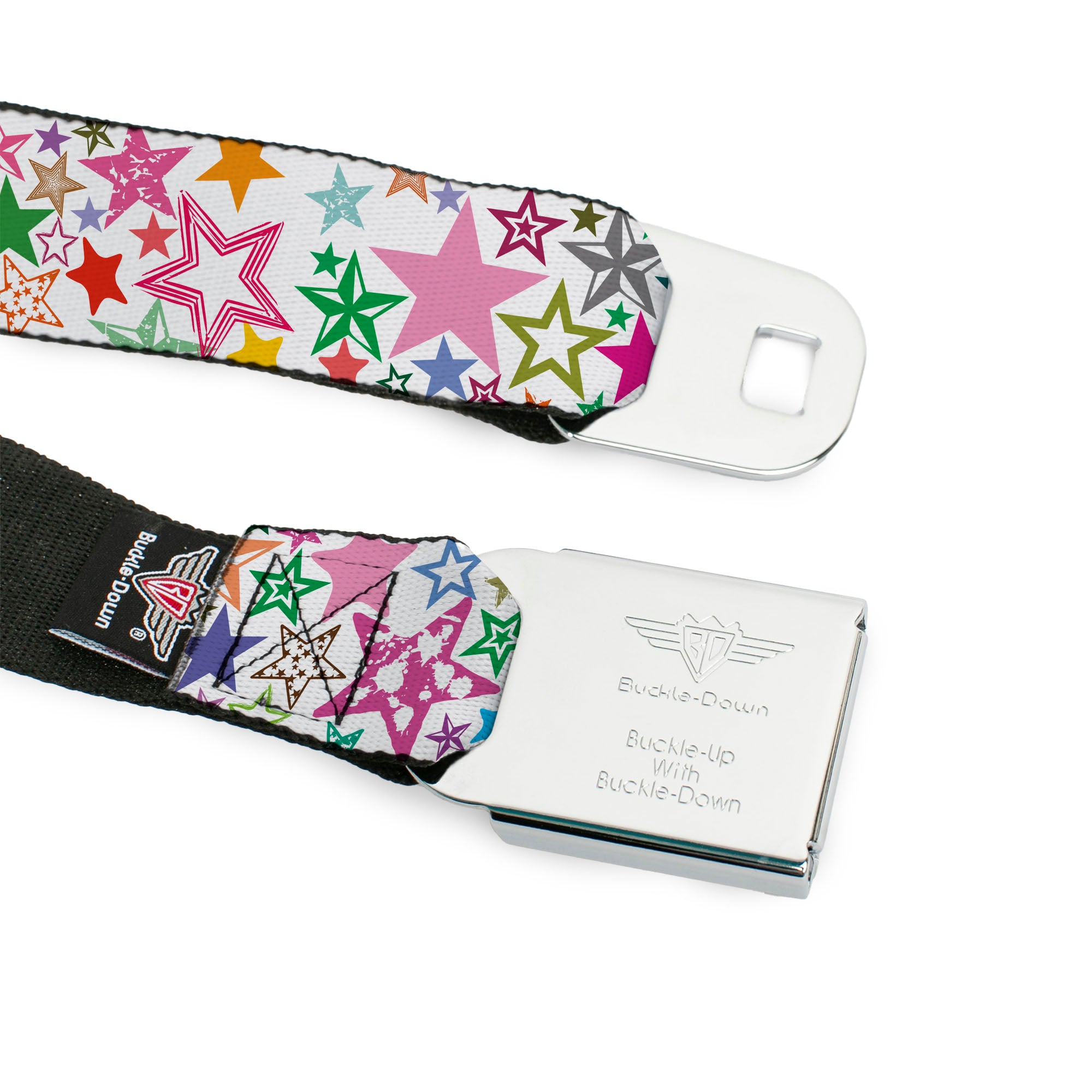BD Wings Logo CLOSE-UP Full Color Black Silver Seatbelt Belt - Stargazer White/Multi Color Webbing Seatbelt Belts Buckle-Down