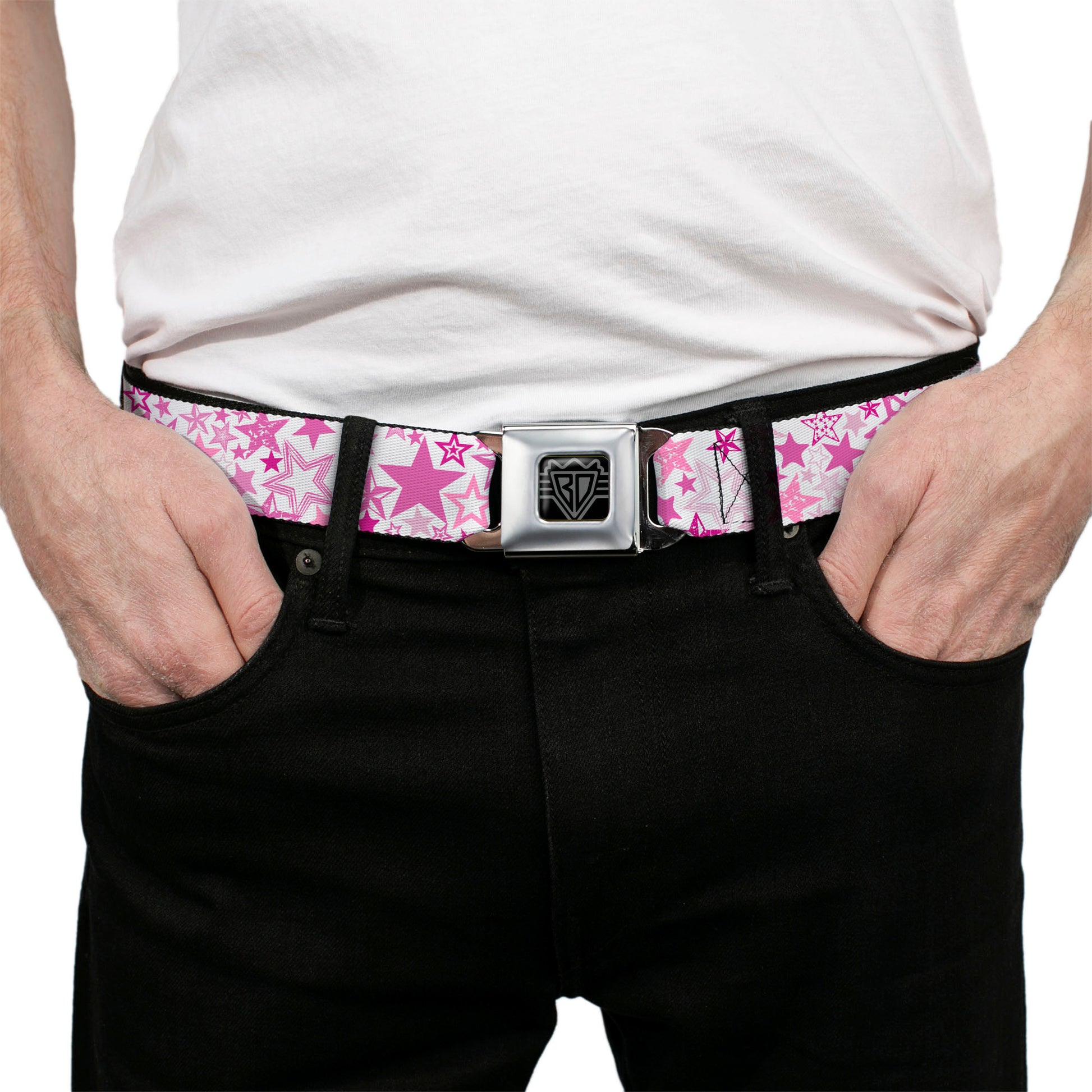 BD Wings Logo CLOSE-UP Full Color Black Silver Seatbelt Belt - Stargazer White/Pink Webbing Seatbelt Belts Buckle-Down