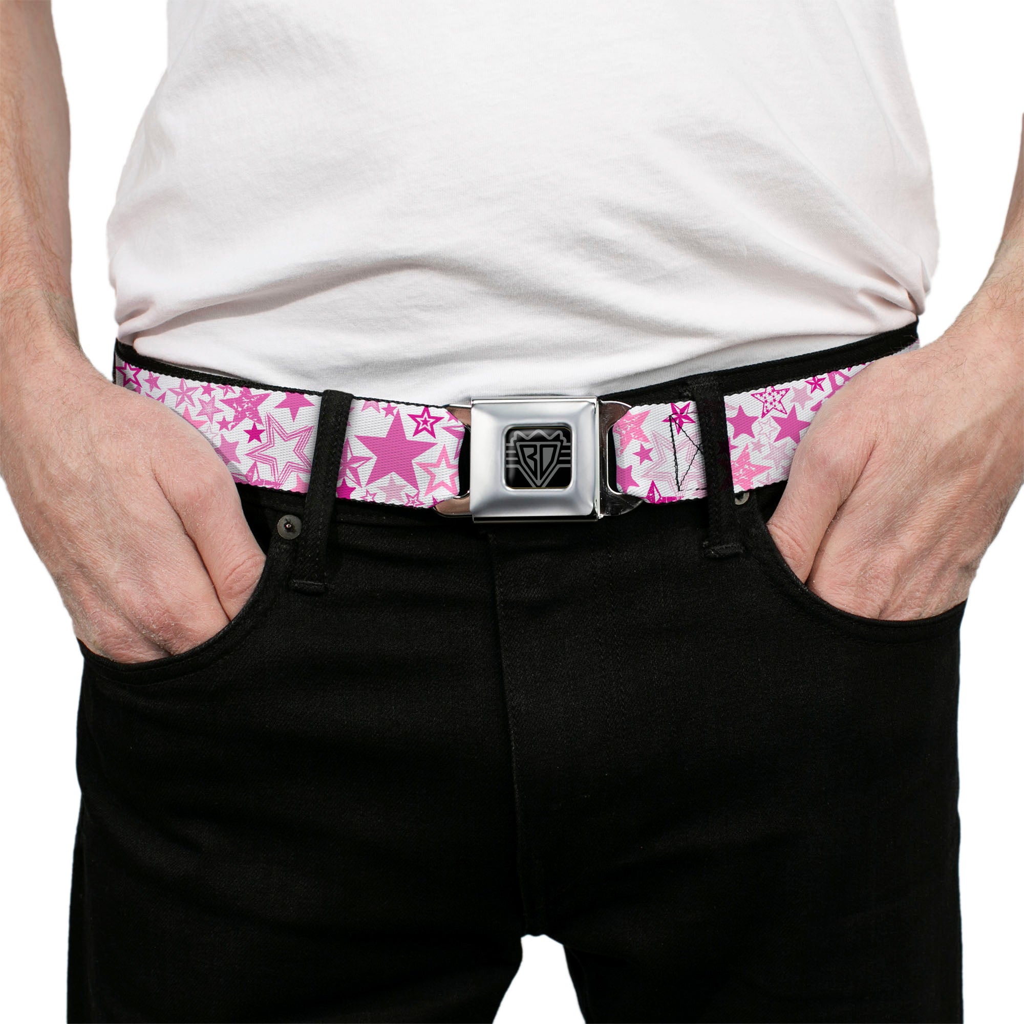 BD Wings Logo CLOSE-UP Full Color Black Silver Seatbelt Belt - Stargazer White/Pink Webbing Seatbelt Belts Buckle-Down
