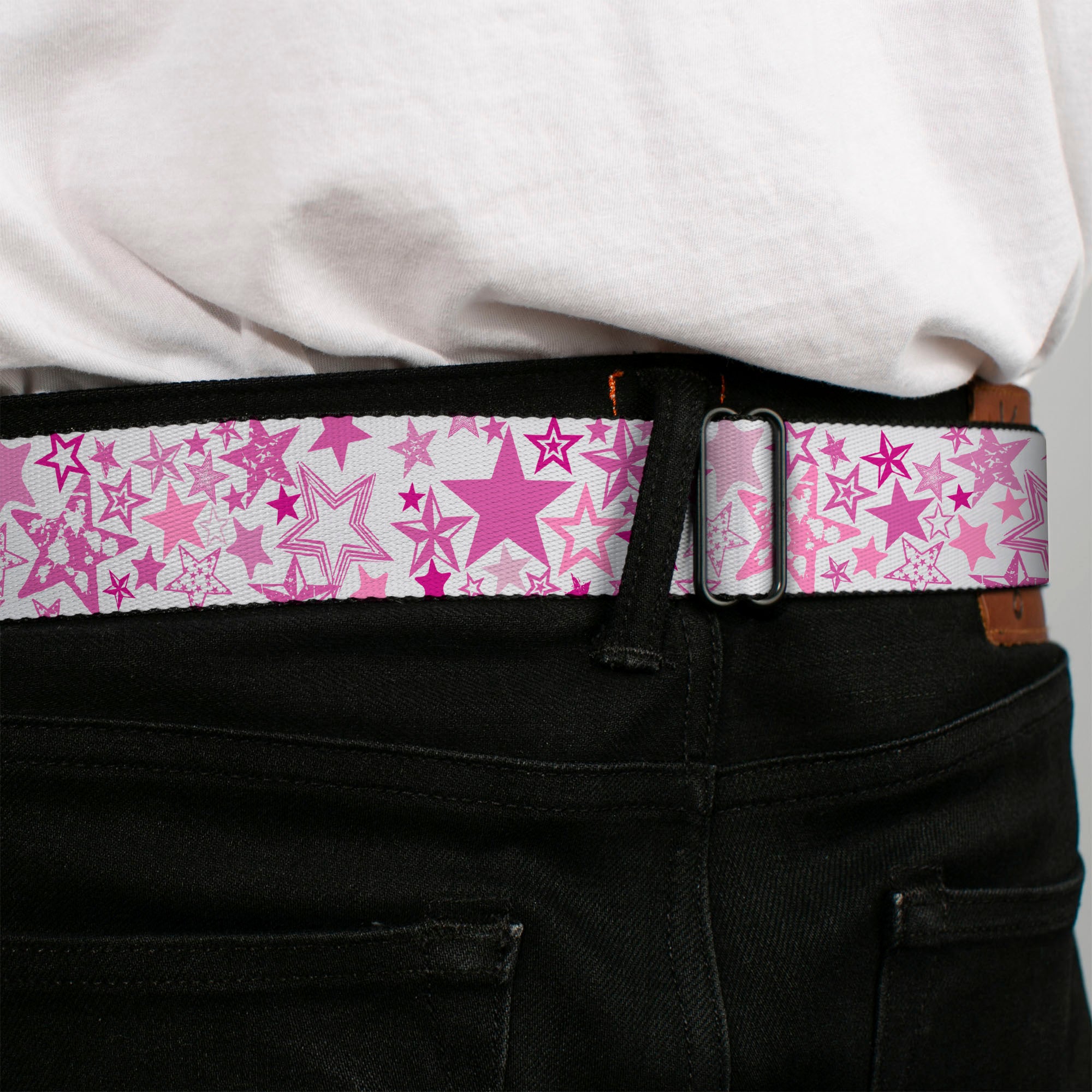 BD Wings Logo CLOSE-UP Full Color Black Silver Seatbelt Belt - Stargazer White/Pink Webbing Seatbelt Belts Buckle-Down