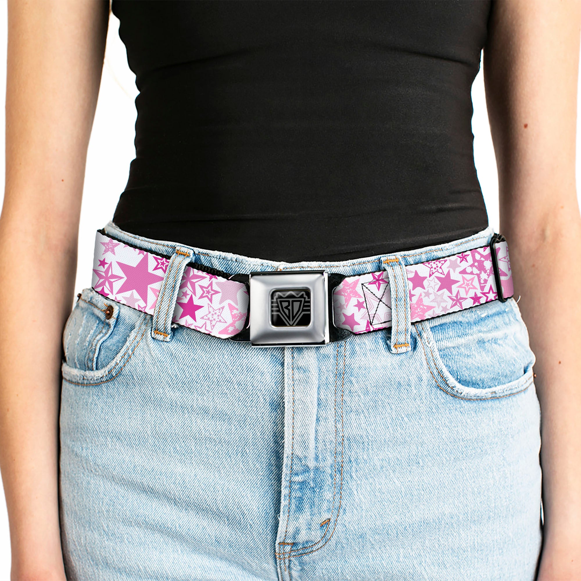 BD Wings Logo CLOSE-UP Full Color Black Silver Seatbelt Belt - Stargazer White/Pink Webbing Seatbelt Belts Buckle-Down