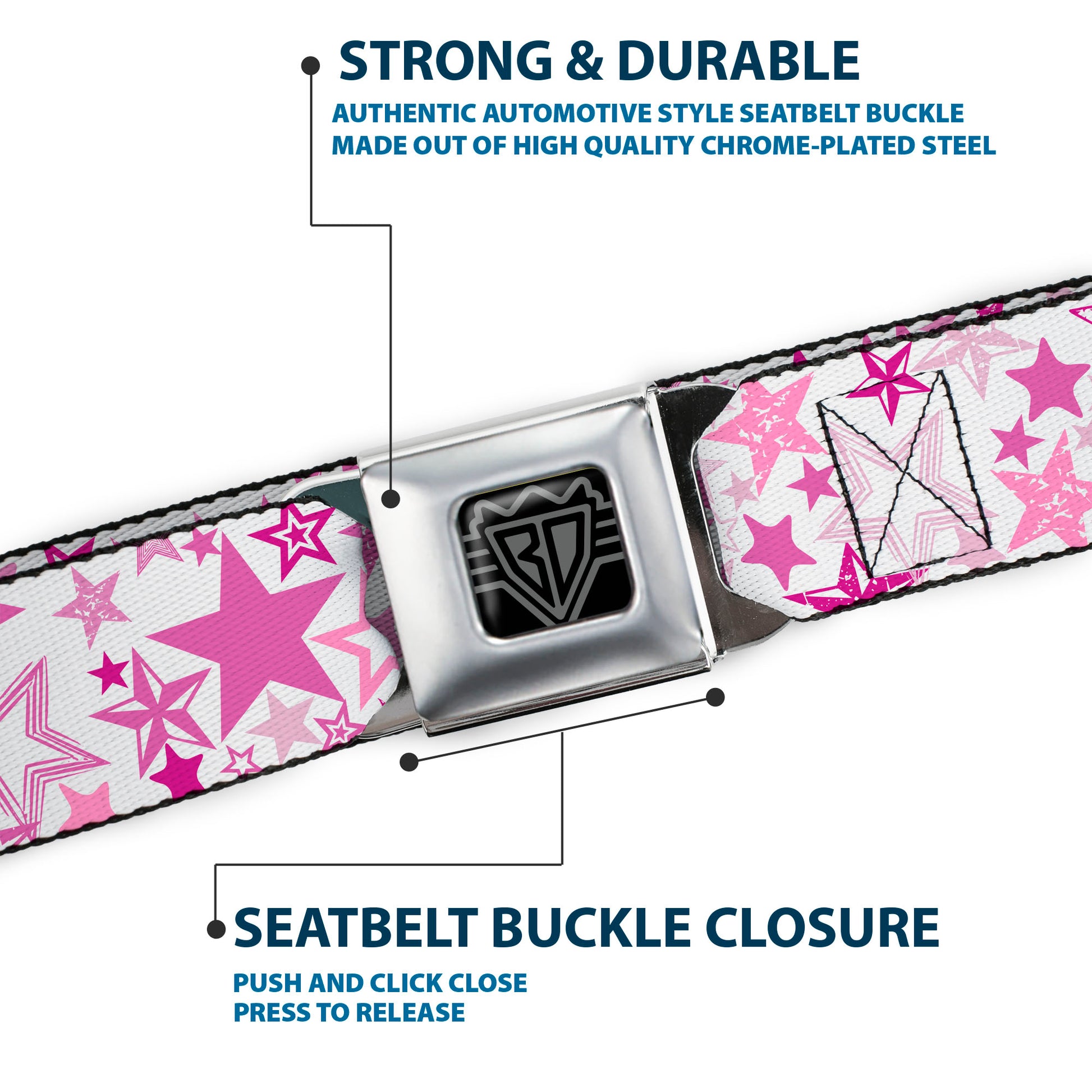 BD Wings Logo CLOSE-UP Full Color Black Silver Seatbelt Belt - Stargazer White/Pink Webbing Seatbelt Belts Buckle-Down
