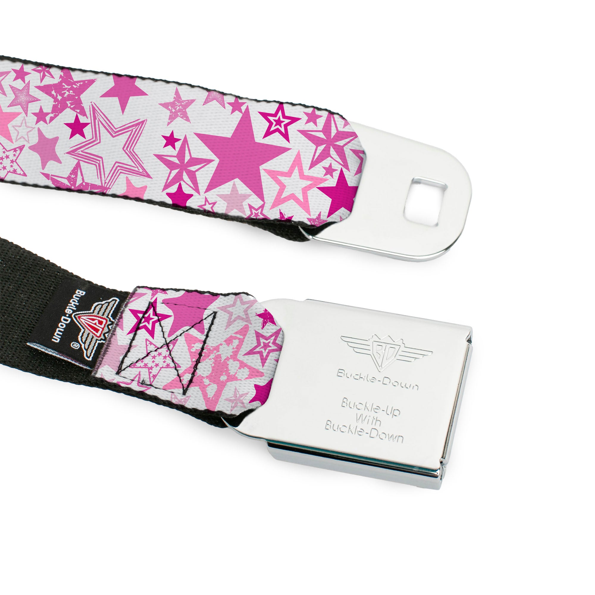 BD Wings Logo CLOSE-UP Full Color Black Silver Seatbelt Belt - Stargazer White/Pink Webbing Seatbelt Belts Buckle-Down