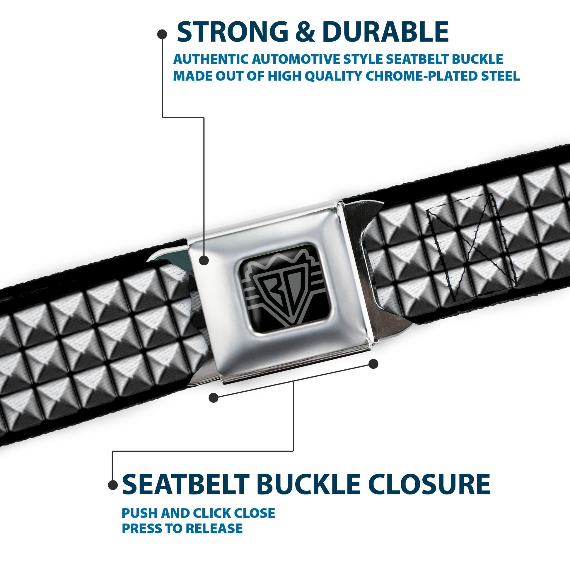 BD Wings Logo CLOSE-UP Black/Silver Seatbelt Belt - Printed Studs Webbing Seatbelt Belts Buckle-Down