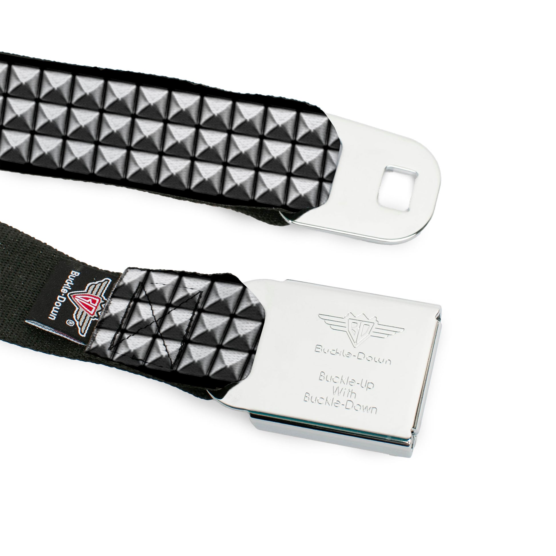 BD Wings Logo CLOSE-UP Black/Silver Seatbelt Belt - Printed Studs Webbing Seatbelt Belts Buckle-Down