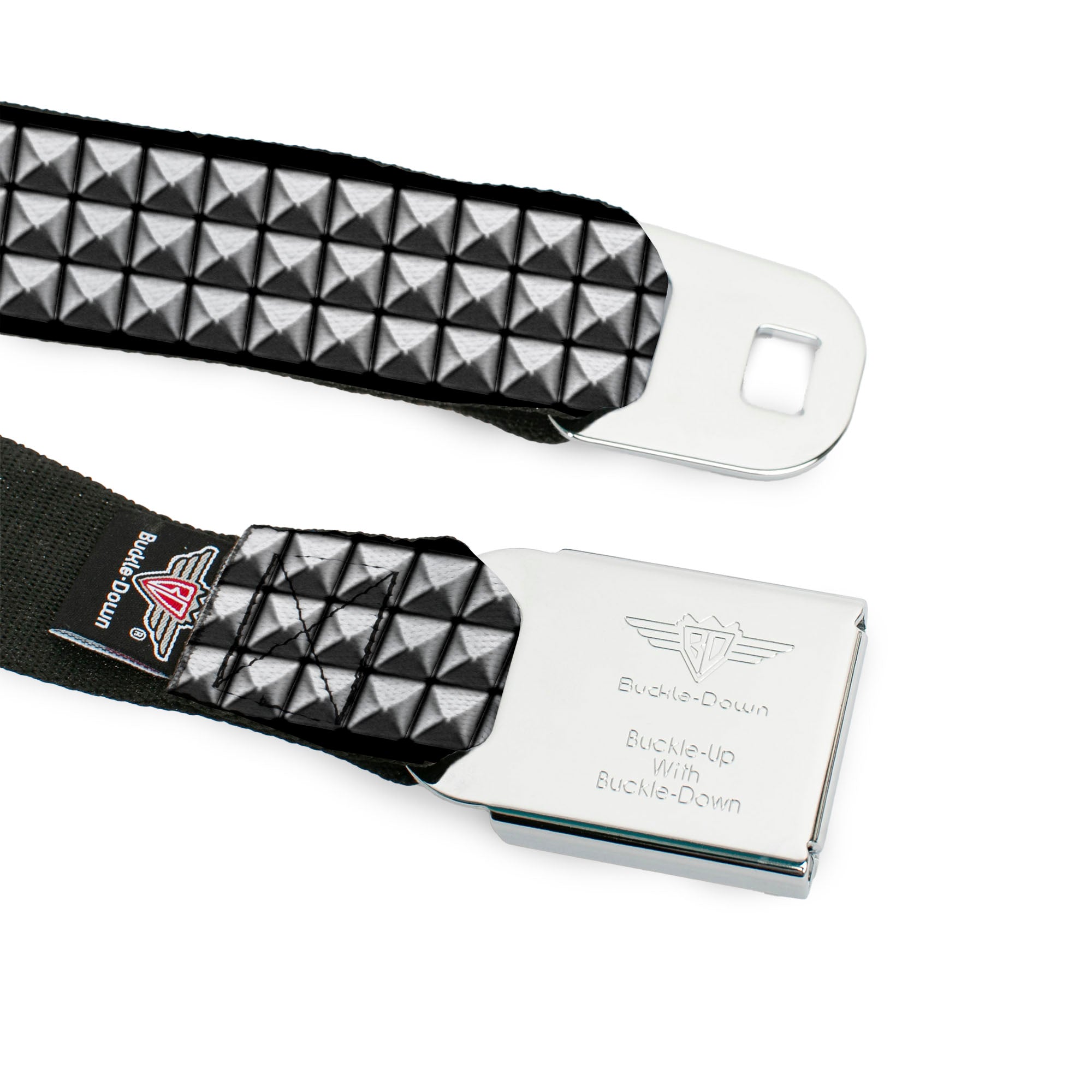BD Wings Logo CLOSE-UP Black/Silver Seatbelt Belt - Printed Studs Webbing Seatbelt Belts Buckle-Down