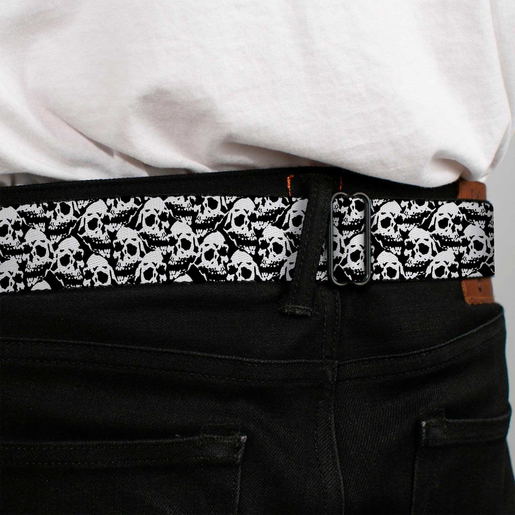 BD Wings Logo CLOSE-UP Full Color Black Silver Seatbelt Belt - Skull Yard Black/White Webbing Seatbelt Belts Buckle-Down