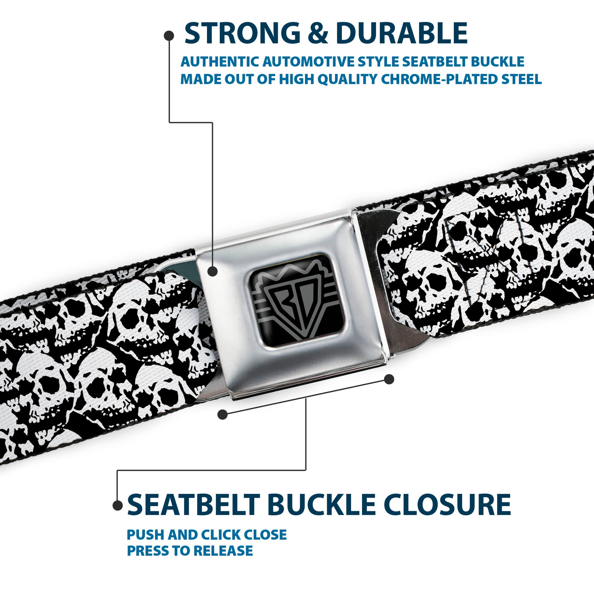 BD Wings Logo CLOSE-UP Full Color Black Silver Seatbelt Belt - Skull Yard Black/White Webbing Seatbelt Belts Buckle-Down