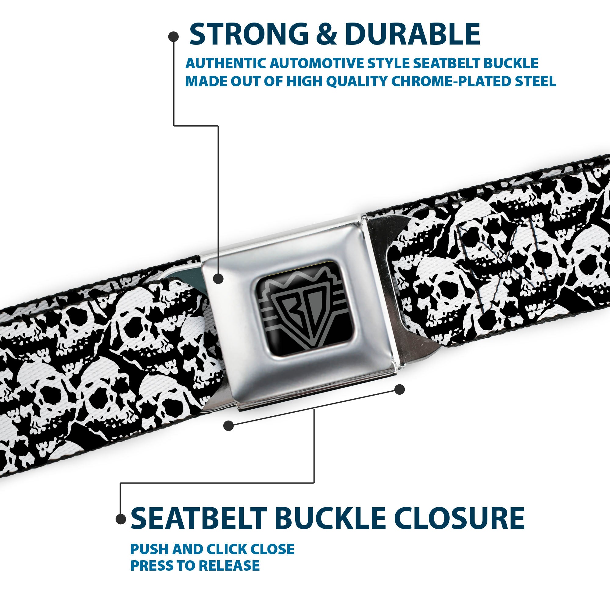 BD Wings Logo CLOSE-UP Full Color Black Silver Seatbelt Belt - Skull Yard Black/White Webbing Seatbelt Belts Buckle-Down
