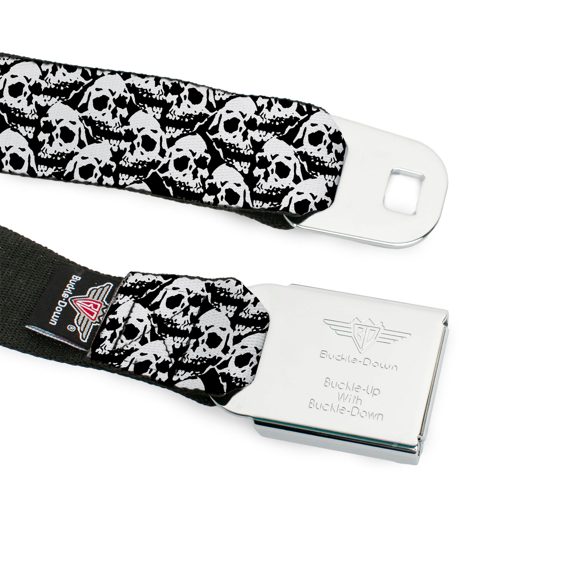 BD Wings Logo CLOSE-UP Full Color Black Silver Seatbelt Belt - Skull Yard Black/White Webbing Seatbelt Belts Buckle-Down