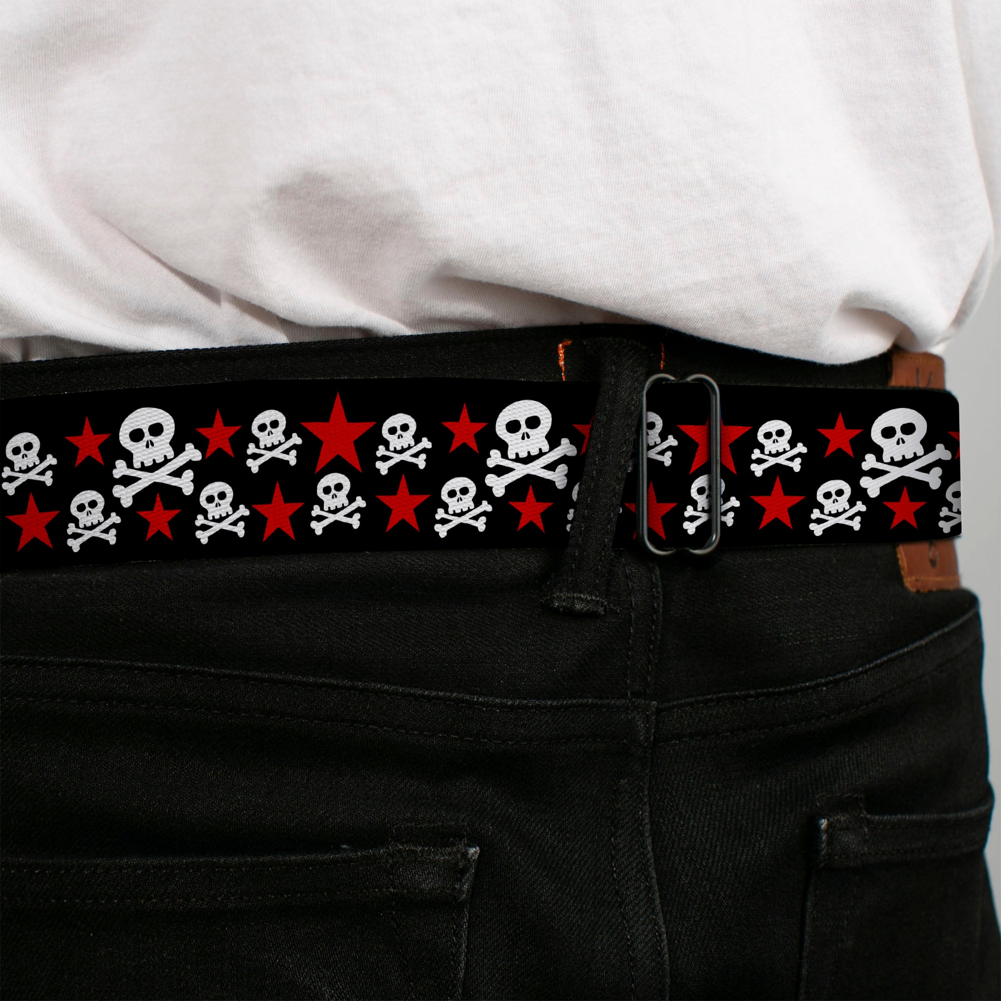 BD Wings Logo CLOSE-UP Full Color Black Silver Seatbelt Belt - Skulls & Stars Black/White/Red Webbing Seatbelt Belts Buckle-Down