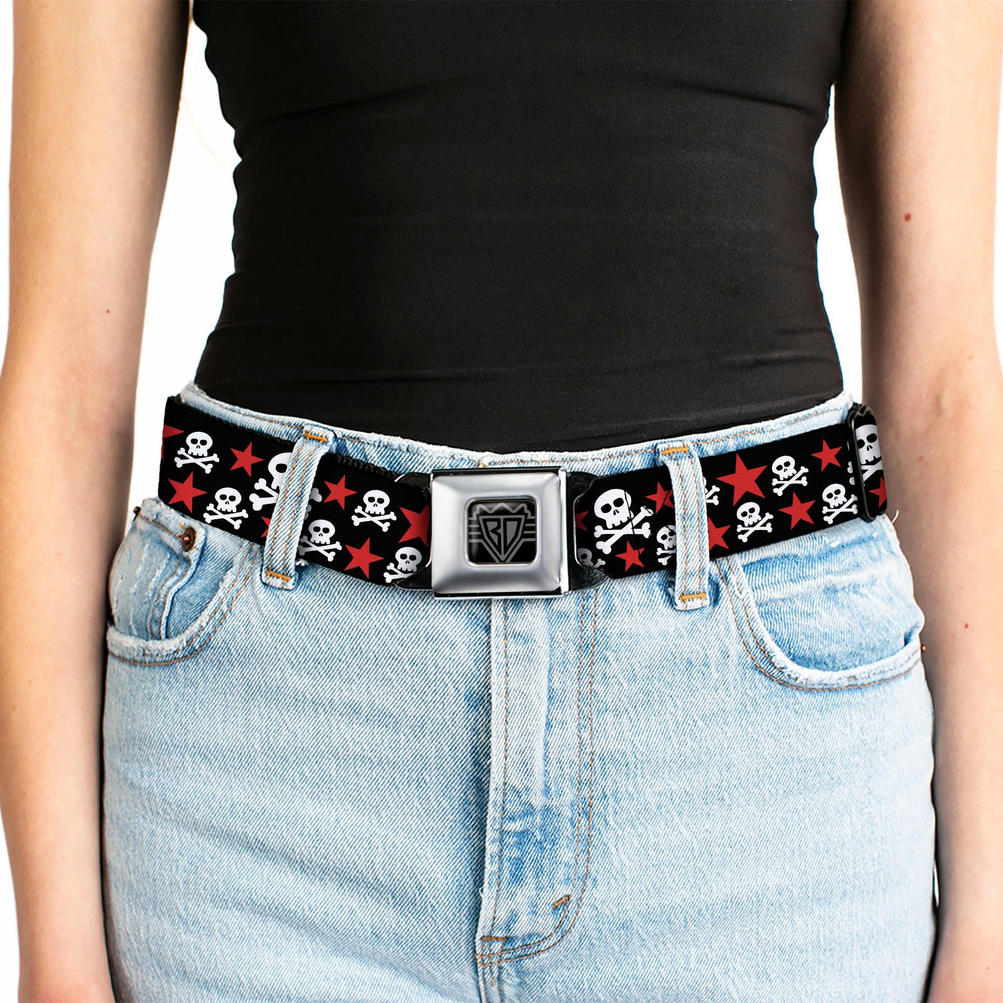 BD Wings Logo CLOSE-UP Full Color Black Silver Seatbelt Belt - Skulls & Stars Black/White/Red Webbing Seatbelt Belts Buckle-Down