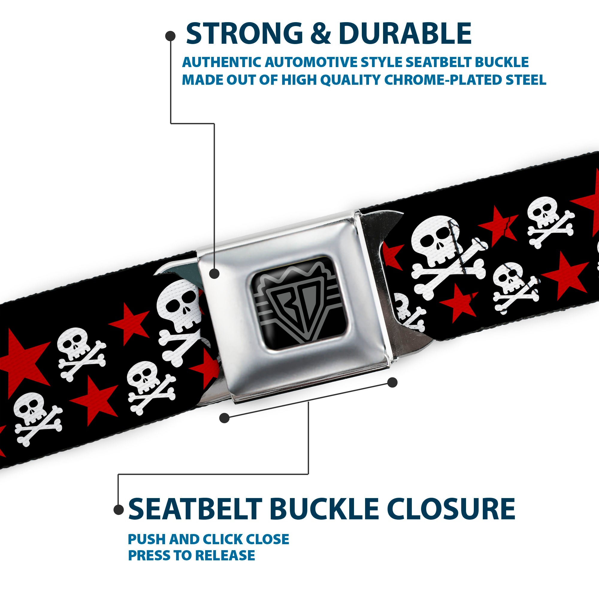 BD Wings Logo CLOSE-UP Full Color Black Silver Seatbelt Belt - Skulls & Stars Black/White/Red Webbing Seatbelt Belts Buckle-Down