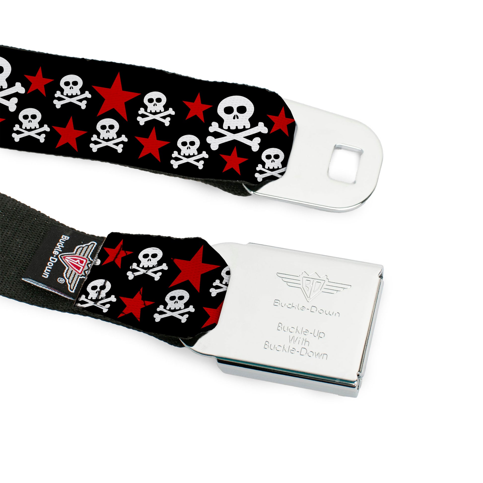 BD Wings Logo CLOSE-UP Full Color Black Silver Seatbelt Belt - Skulls & Stars Black/White/Red Webbing Seatbelt Belts Buckle-Down