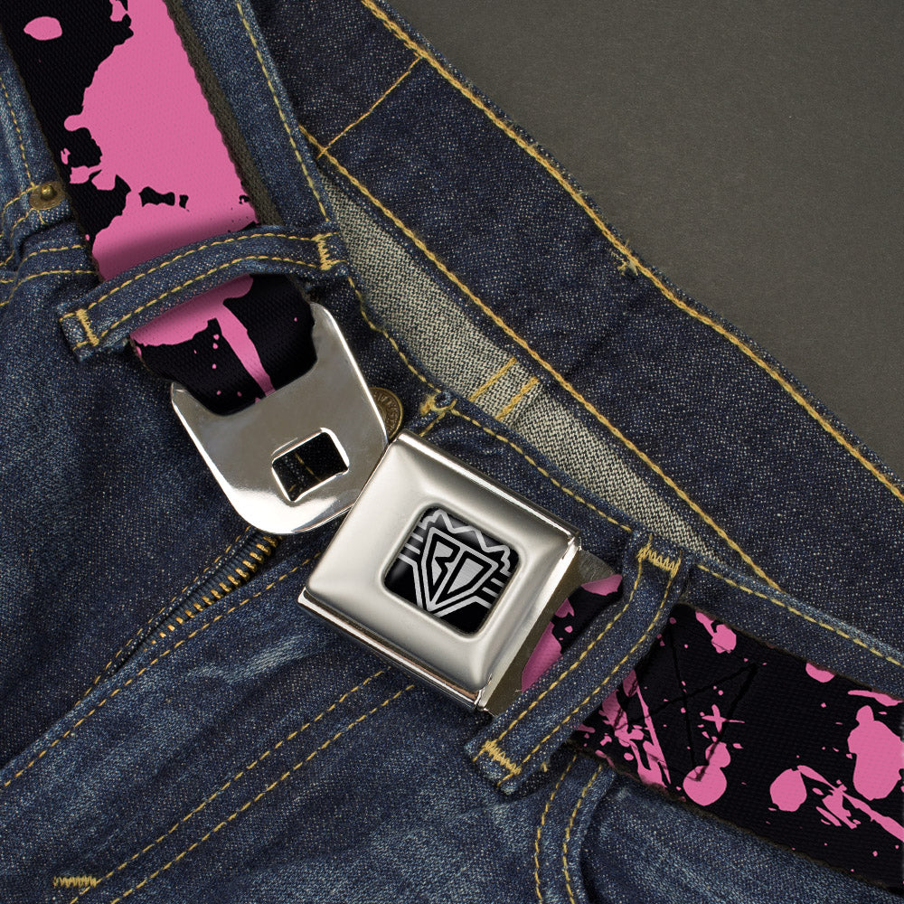 BD Wings Logo CLOSE-UP Full Color Black Silver Seatbelt Belt - Splatter Black/Pink Webbing Seatbelt Belts Buckle-Down