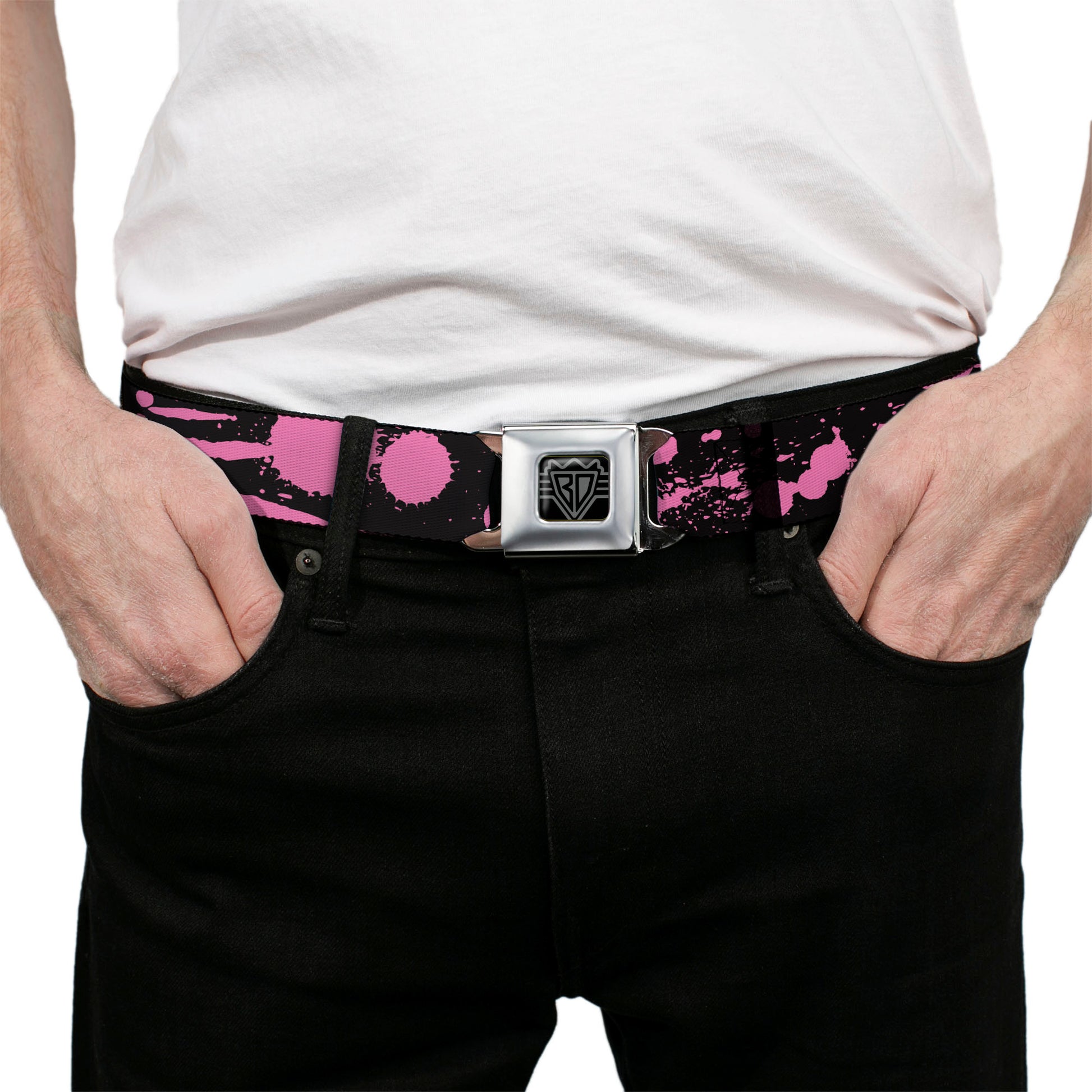BD Wings Logo CLOSE-UP Full Color Black Silver Seatbelt Belt - Splatter Black/Pink Webbing Seatbelt Belts Buckle-Down
