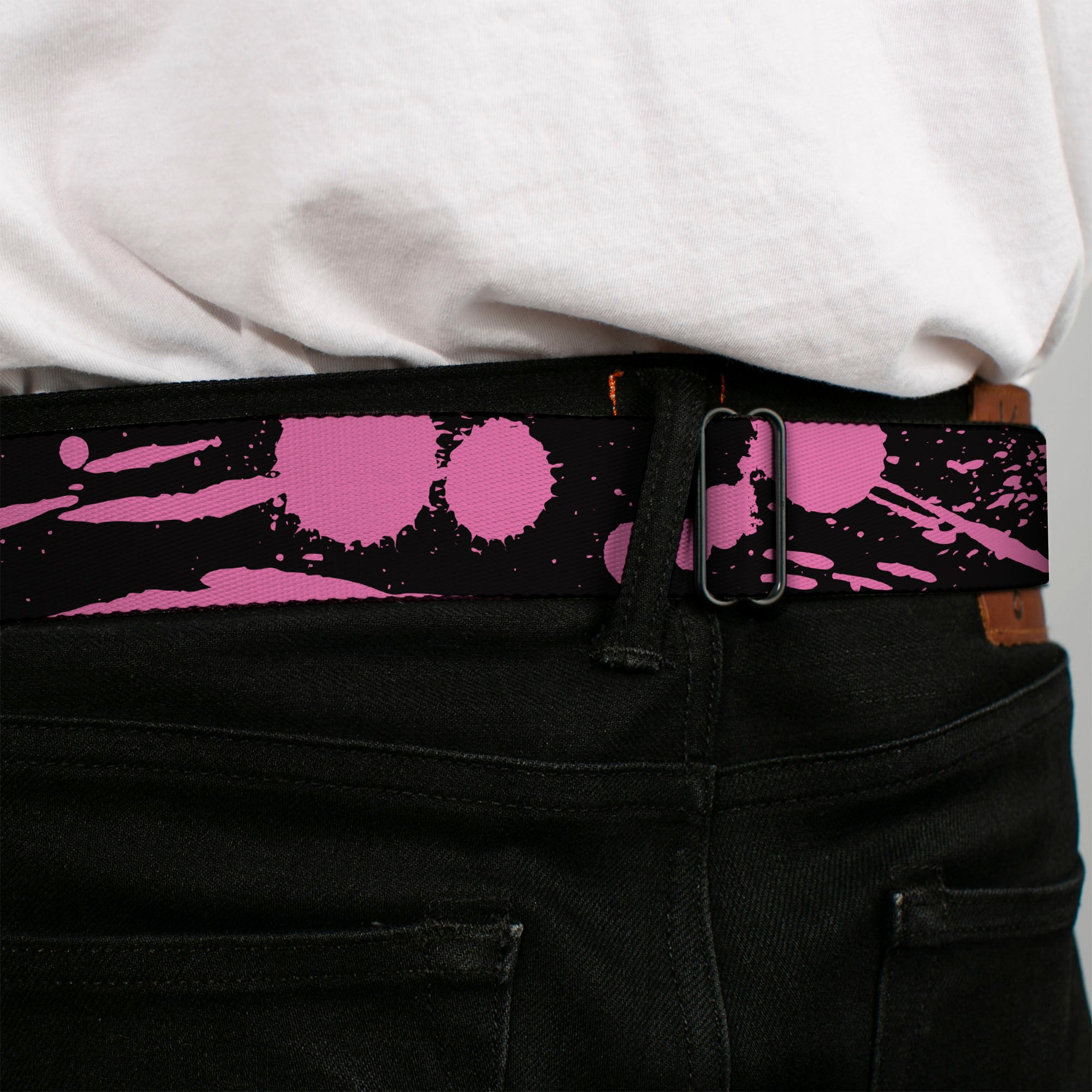 BD Wings Logo CLOSE-UP Full Color Black Silver Seatbelt Belt - Splatter Black/Pink Webbing Seatbelt Belts Buckle-Down