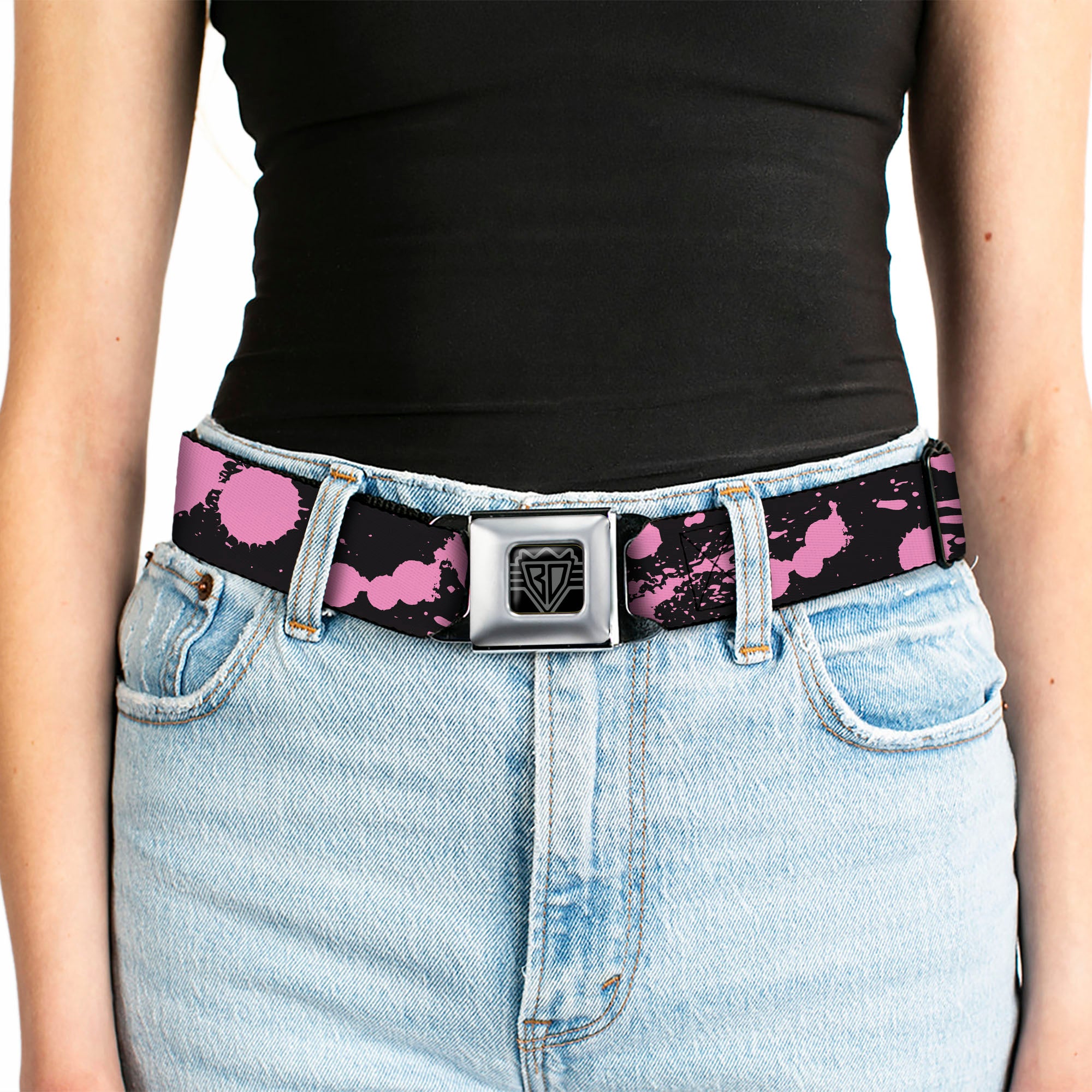 BD Wings Logo CLOSE-UP Full Color Black Silver Seatbelt Belt - Splatter Black/Pink Webbing Seatbelt Belts Buckle-Down