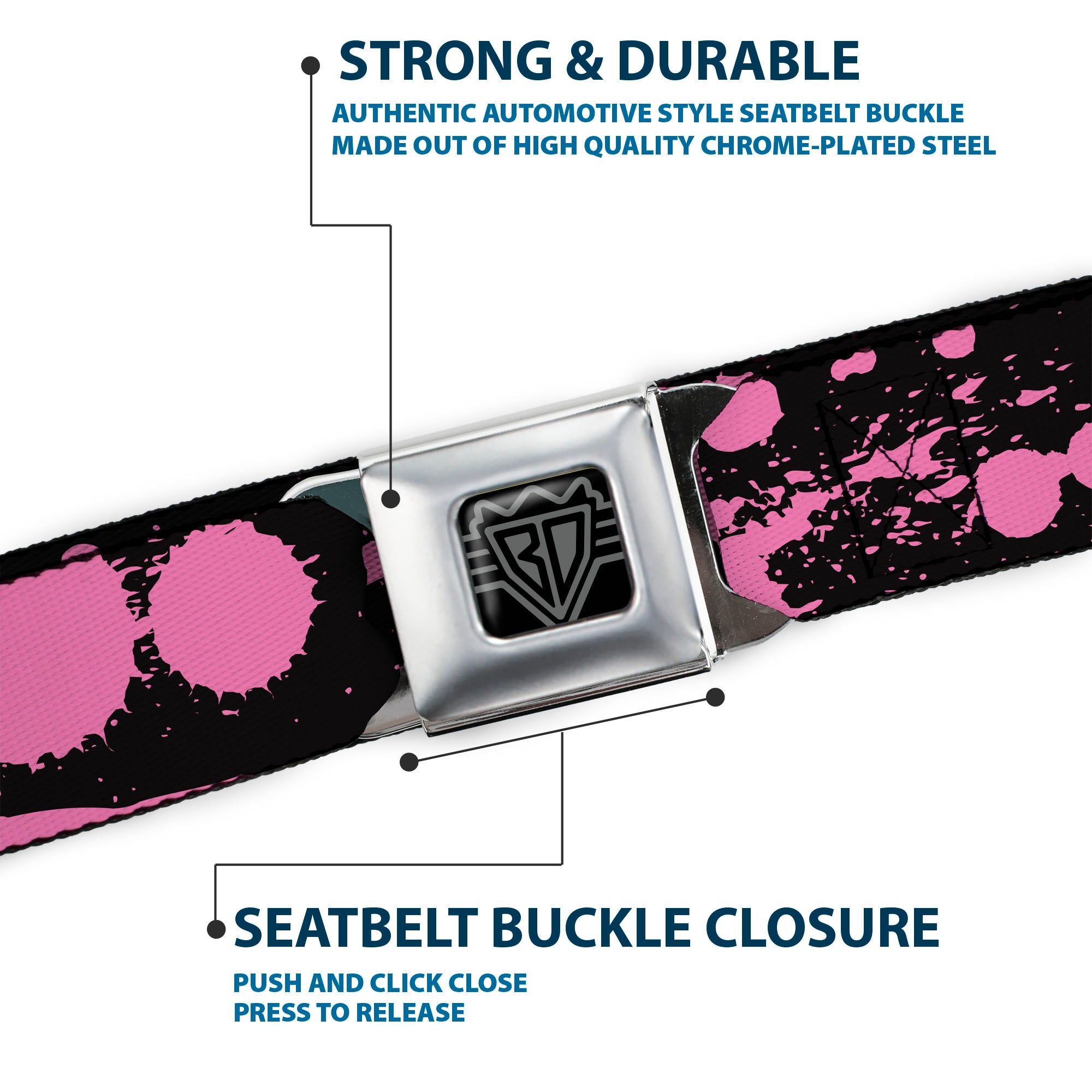 BD Wings Logo CLOSE-UP Full Color Black Silver Seatbelt Belt - Splatter Black/Pink Webbing Seatbelt Belts Buckle-Down
