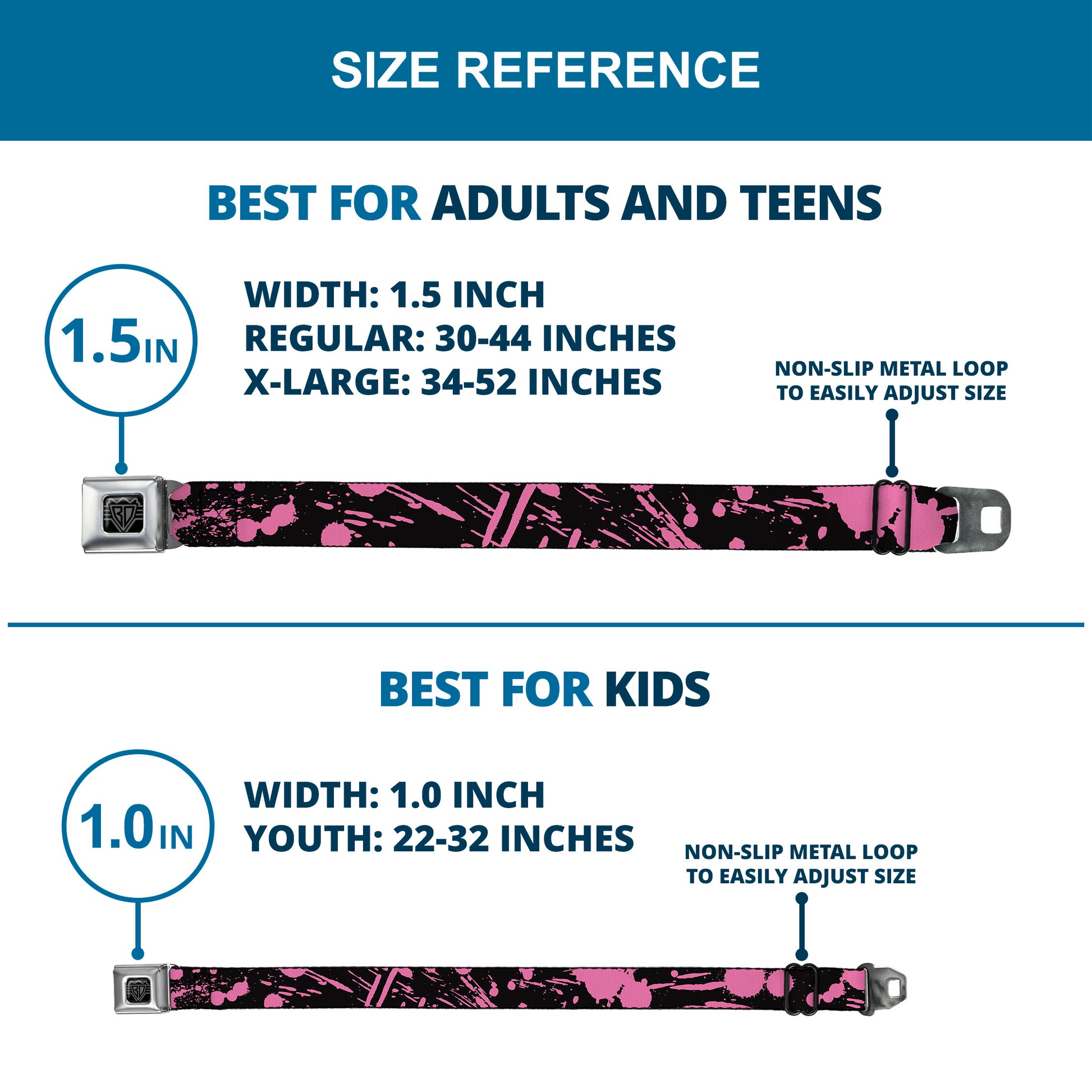 BD Wings Logo CLOSE-UP Full Color Black Silver Seatbelt Belt - Splatter Black/Pink Webbing Seatbelt Belts Buckle-Down