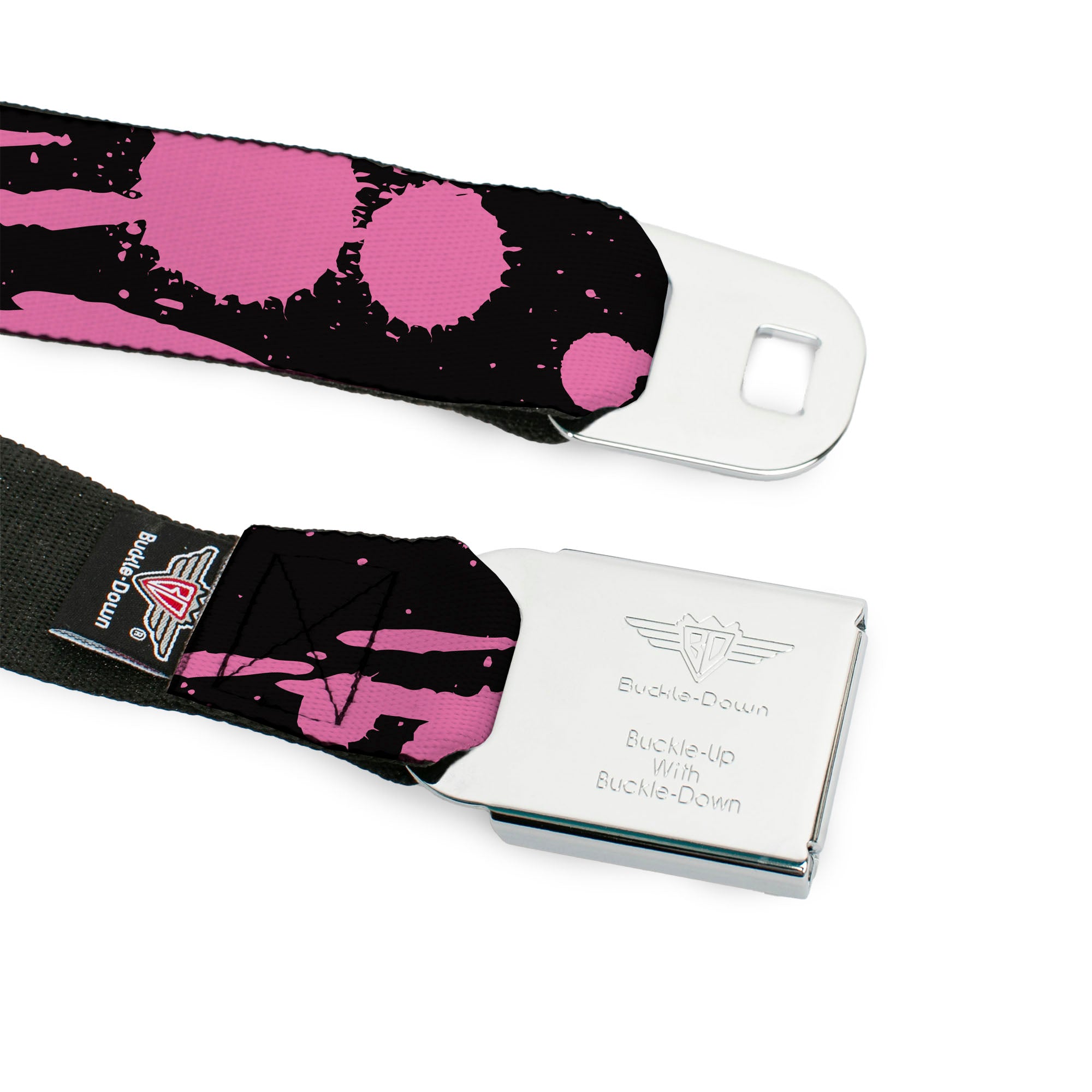 BD Wings Logo CLOSE-UP Full Color Black Silver Seatbelt Belt - Splatter Black/Pink Webbing Seatbelt Belts Buckle-Down