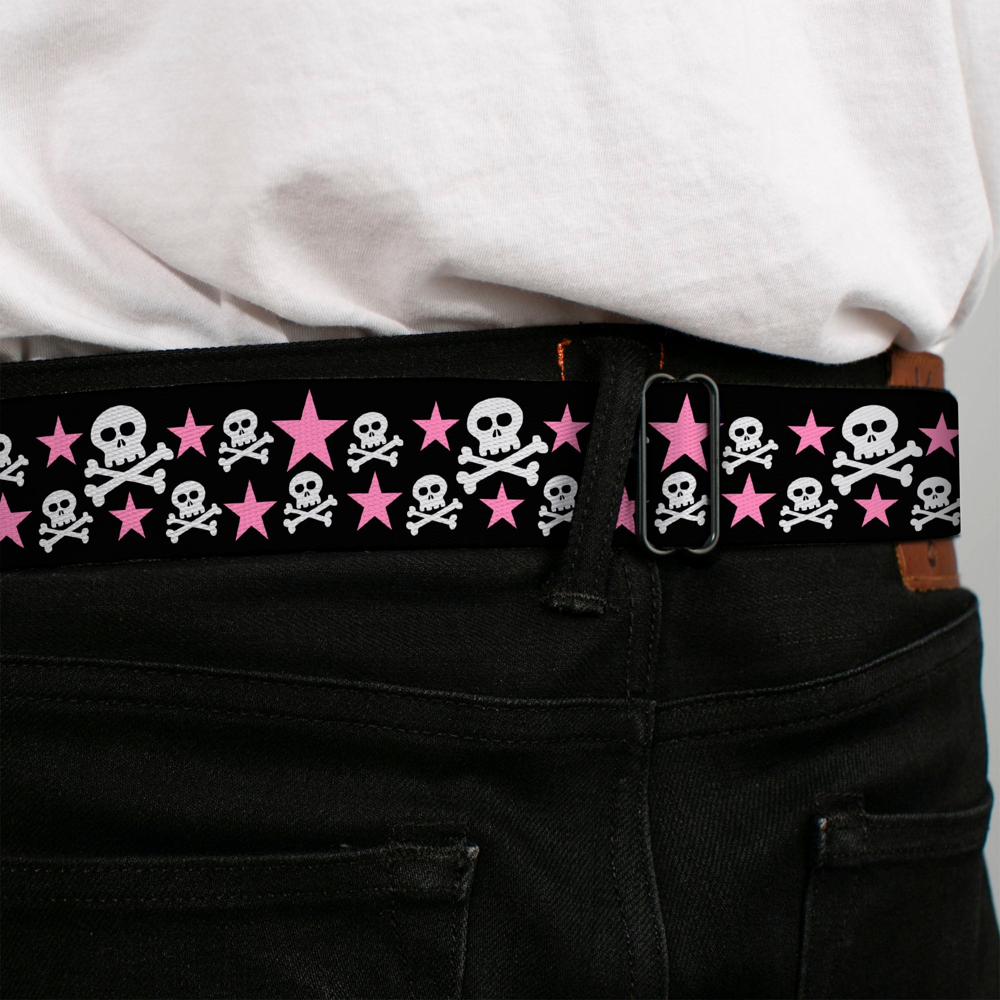 BD Wings Logo CLOSE-UP Full Color Black Silver Seatbelt Belt - Skulls & Stars Black/White/Pink Webbing Seatbelt Belts Buckle-Down