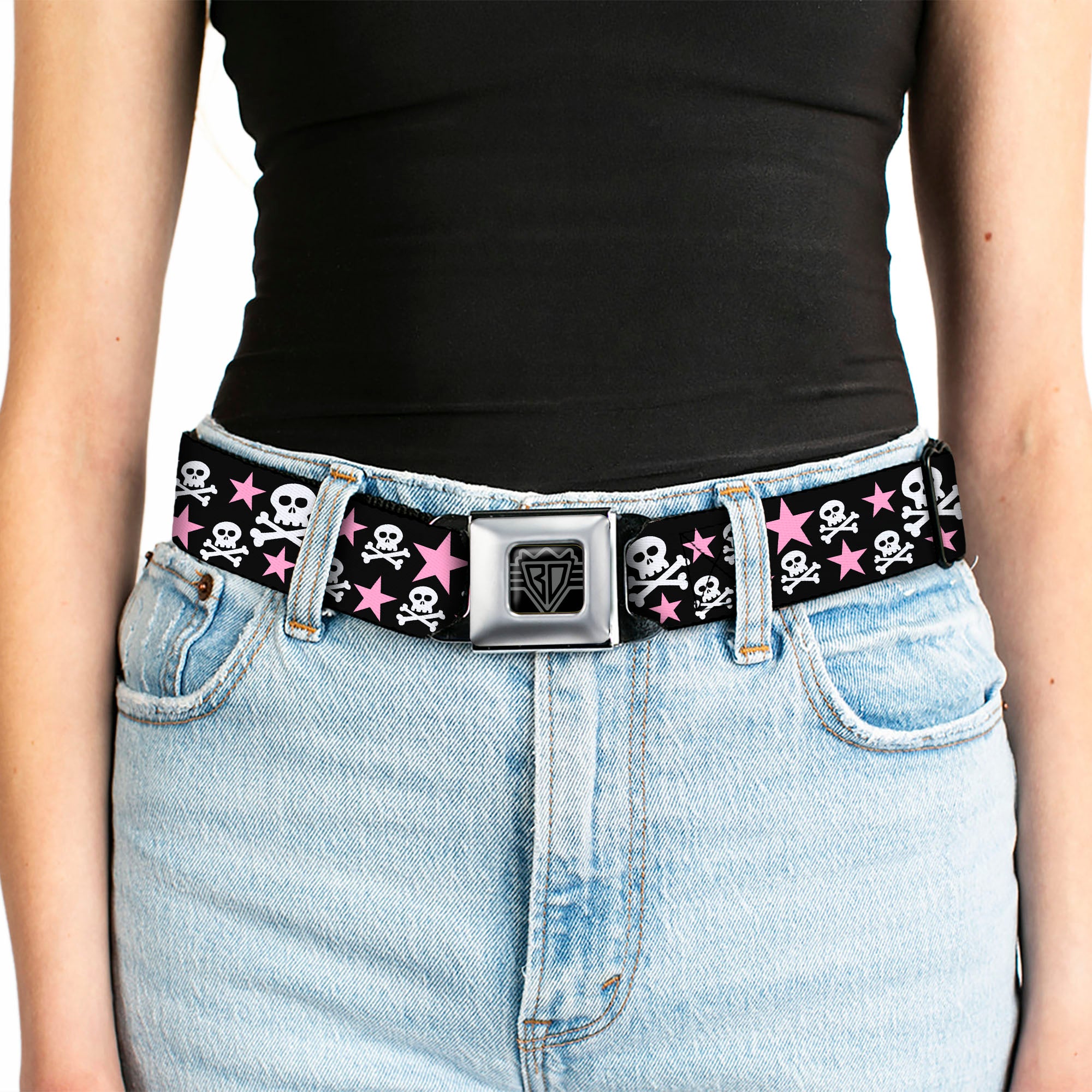 BD Wings Logo CLOSE-UP Full Color Black Silver Seatbelt Belt - Skulls & Stars Black/White/Pink Webbing Seatbelt Belts Buckle-Down