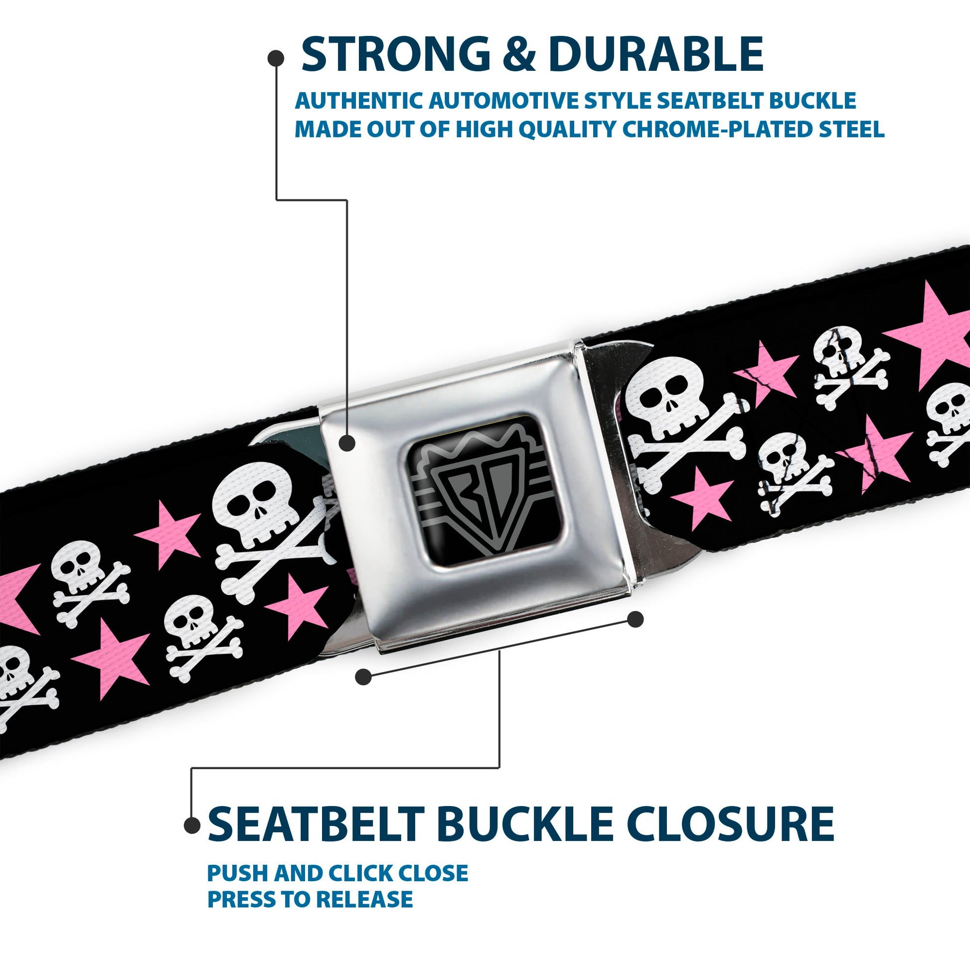 BD Wings Logo CLOSE-UP Full Color Black Silver Seatbelt Belt - Skulls & Stars Black/White/Pink Webbing Seatbelt Belts Buckle-Down