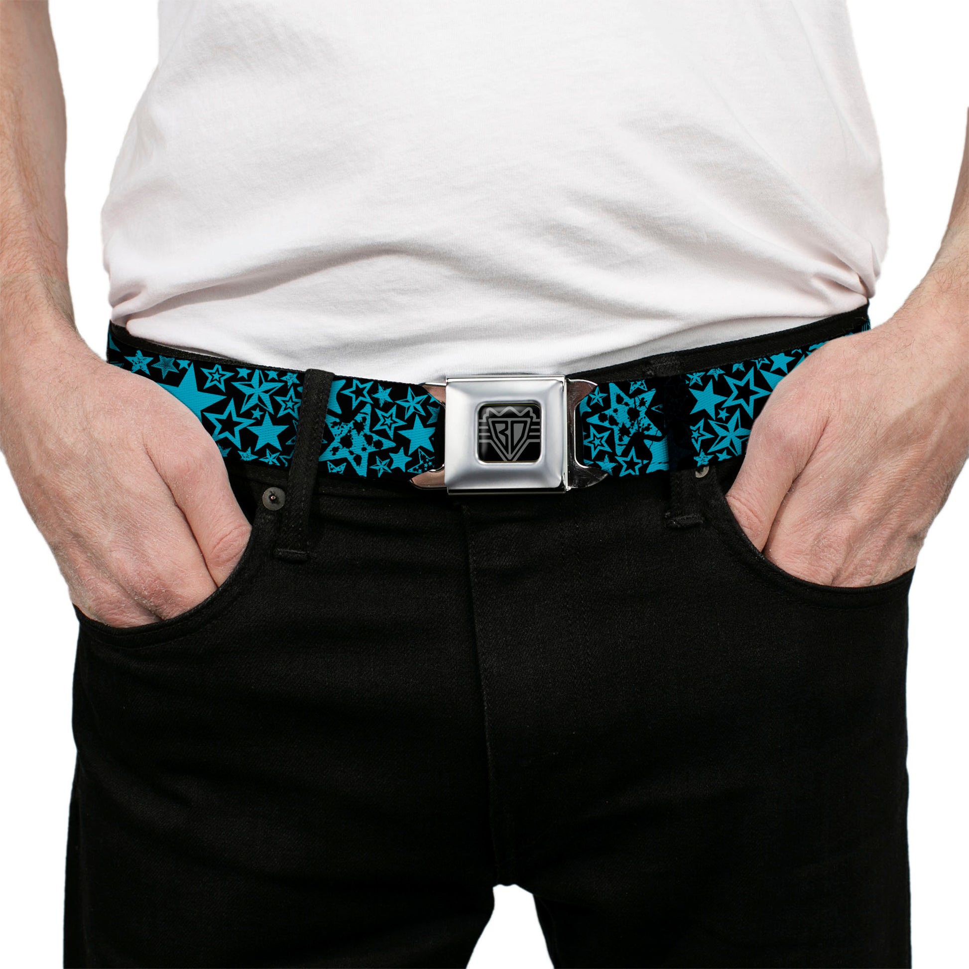 BD Wings Logo CLOSE-UP Full Color Black Silver Seatbelt Belt - Stargazer Black/Blue Webbing Seatbelt Belts Buckle-Down
