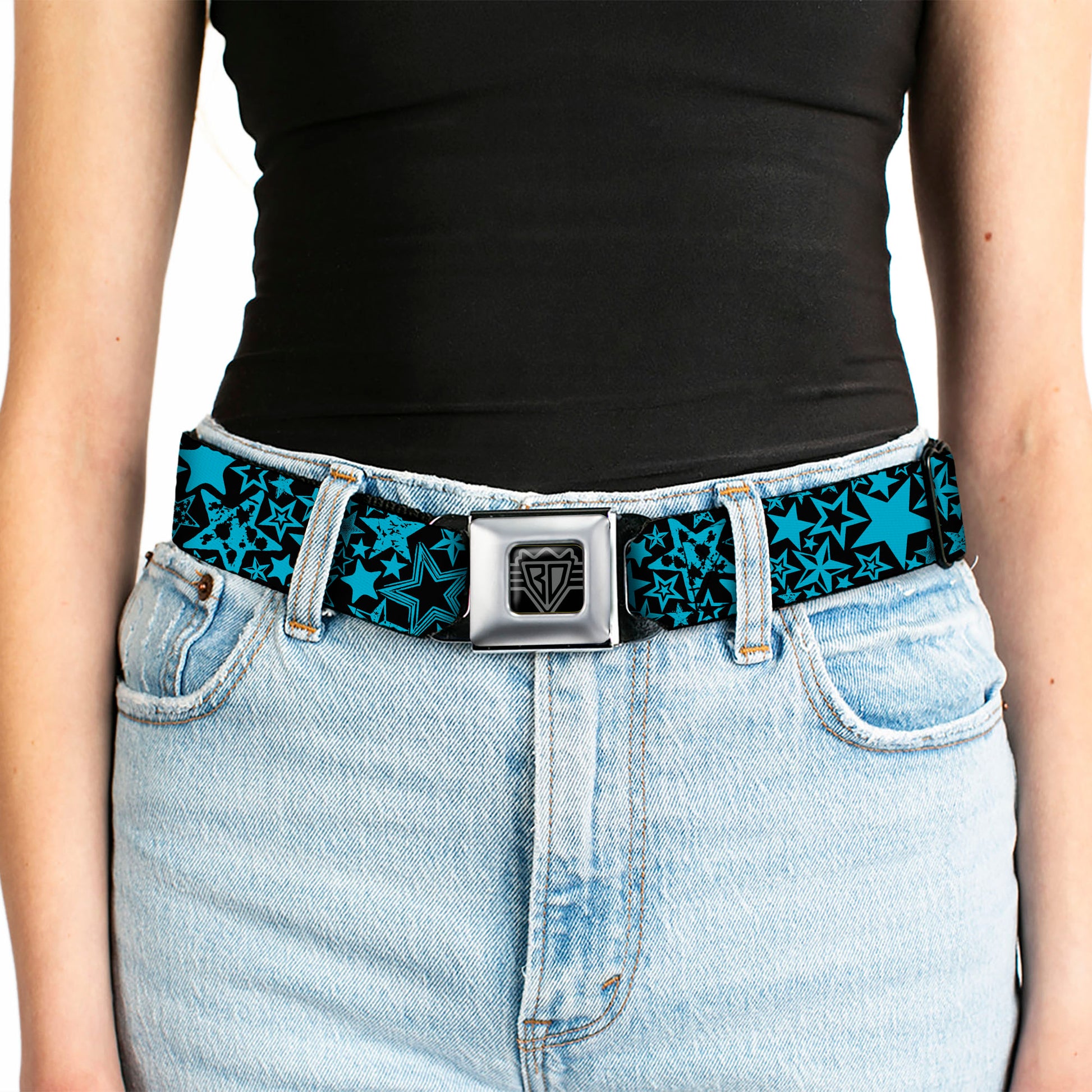 BD Wings Logo CLOSE-UP Full Color Black Silver Seatbelt Belt - Stargazer Black/Blue Webbing Seatbelt Belts Buckle-Down