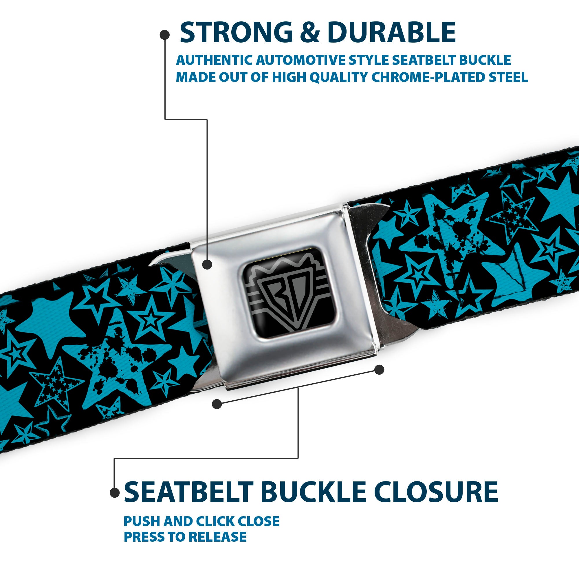 BD Wings Logo CLOSE-UP Full Color Black Silver Seatbelt Belt - Stargazer Black/Blue Webbing Seatbelt Belts Buckle-Down