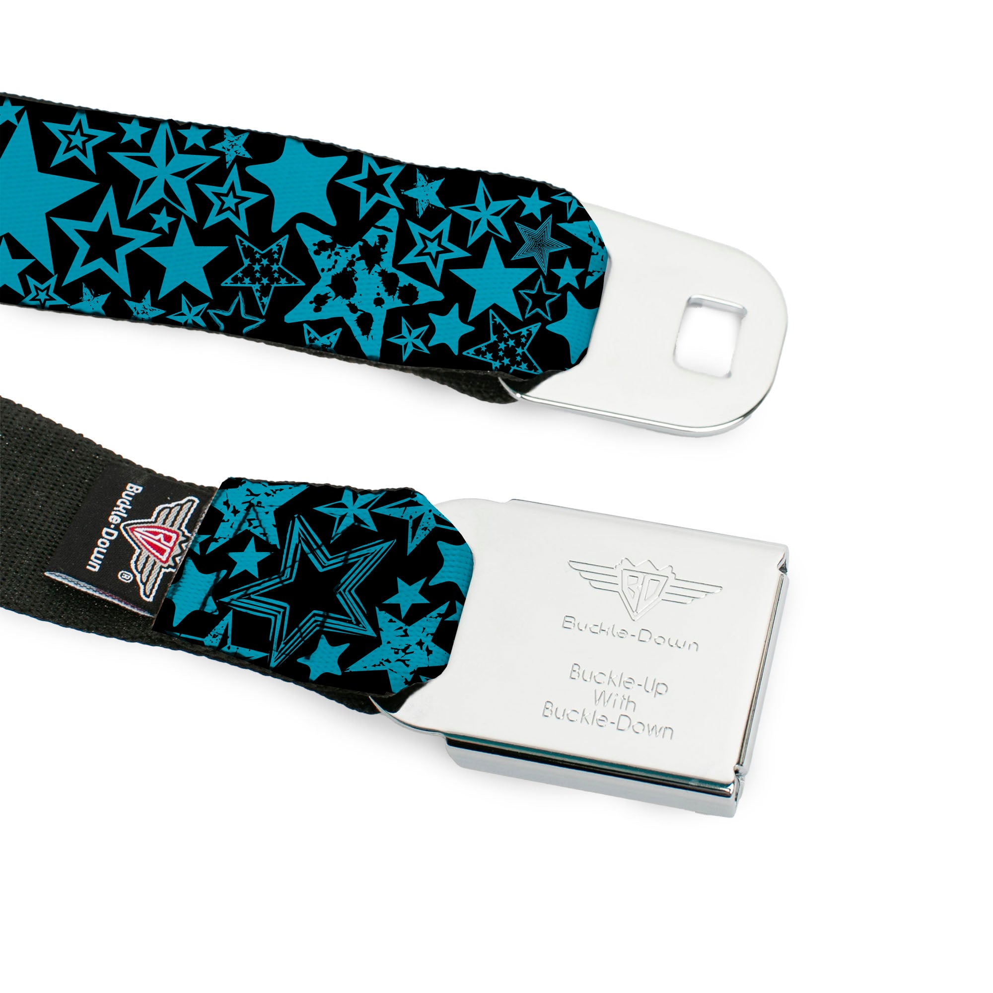 BD Wings Logo CLOSE-UP Full Color Black Silver Seatbelt Belt - Stargazer Black/Blue Webbing Seatbelt Belts Buckle-Down