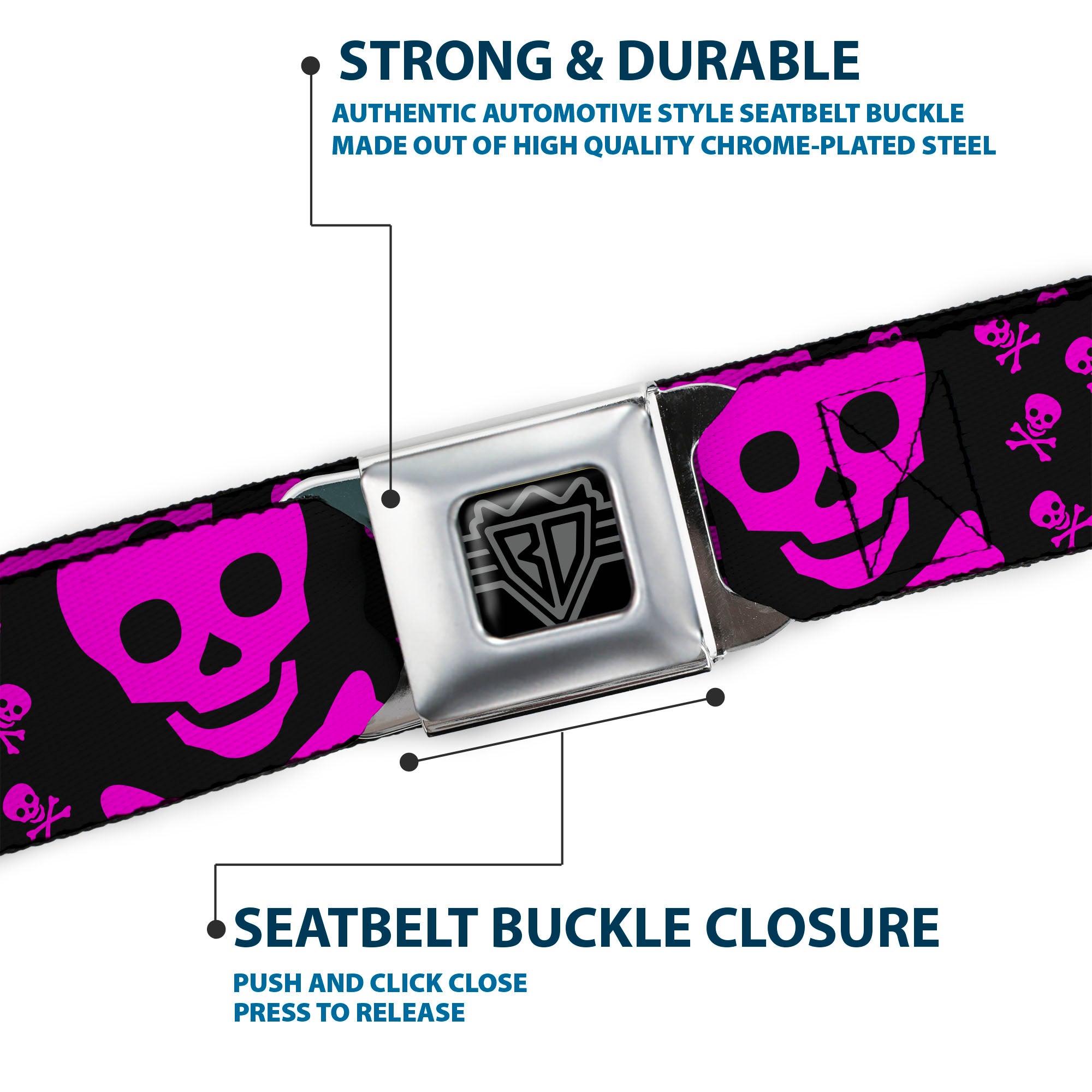 BD Wings Logo CLOSE-UP Full Color Black Silver Seatbelt Belt - Skull w/Babies Black/Fuchsia Webbing Seatbelt Belts Buckle-Down
