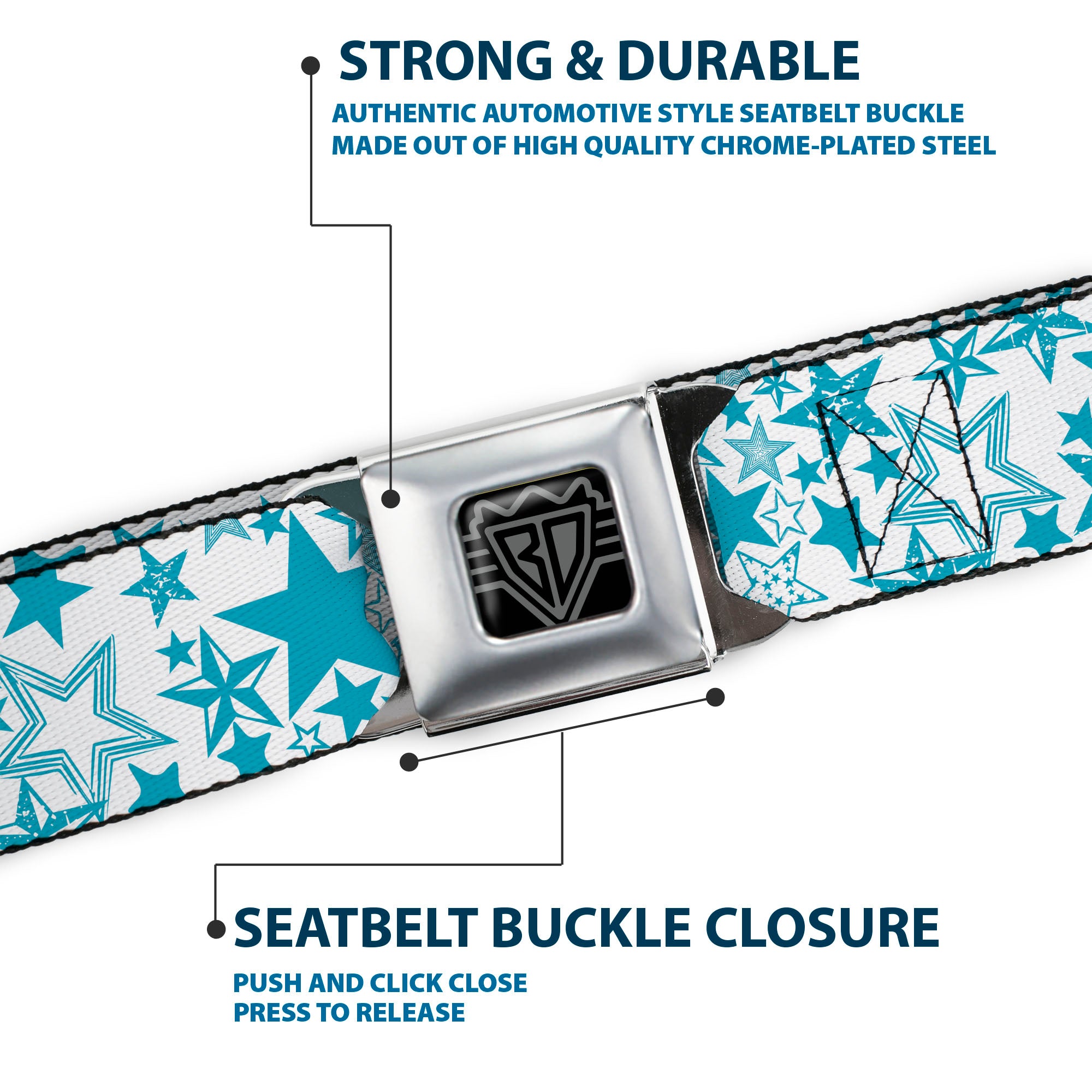 BD Wings Logo CLOSE-UP Full Color Black Silver Seatbelt Belt - Stargazer White/Blue Webbing Seatbelt Belts Buckle-Down