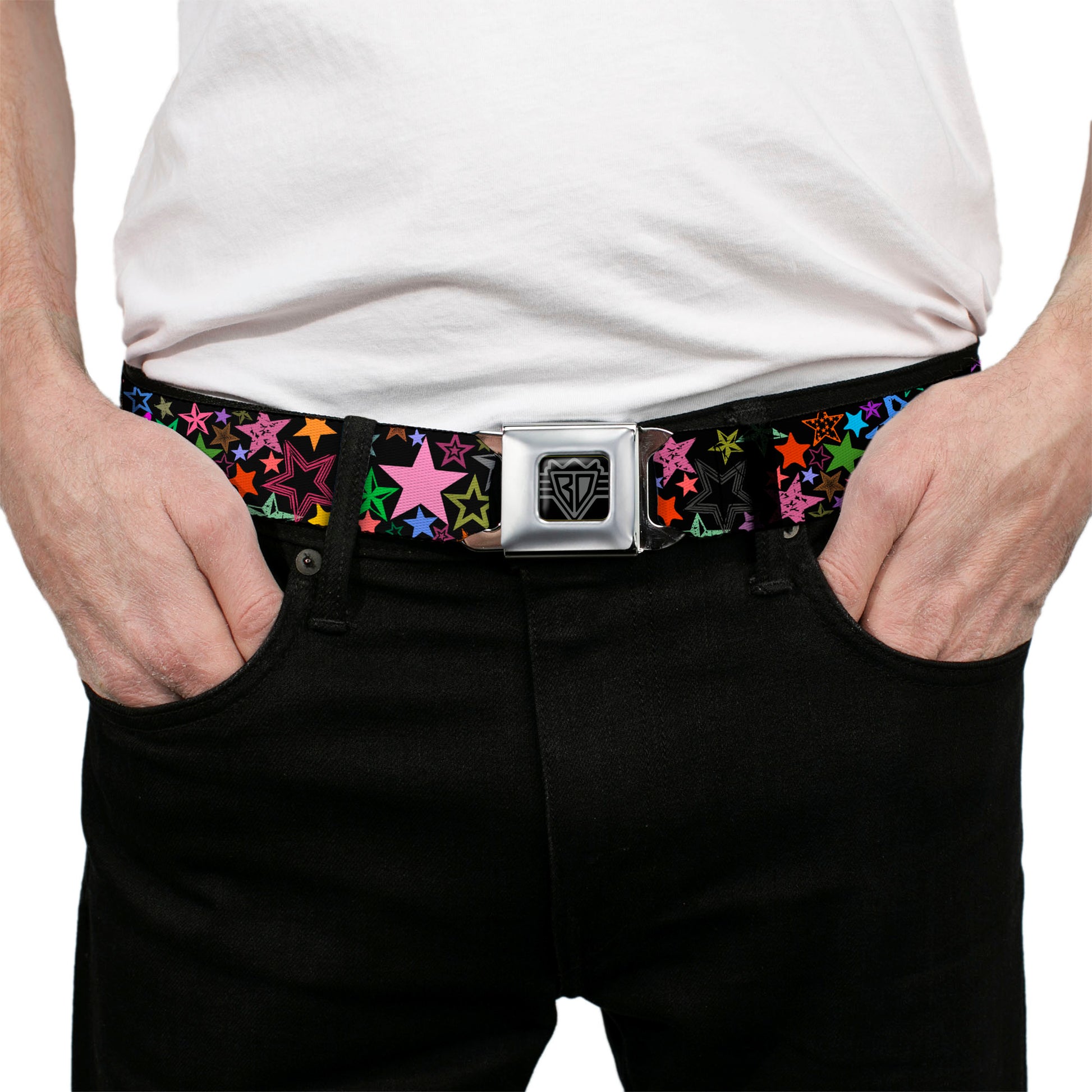 BD Wings Logo CLOSE-UP Full Color Black Silver Seatbelt Belt - Stargazer Black/Multi Color Webbing Seatbelt Belts Buckle-Down