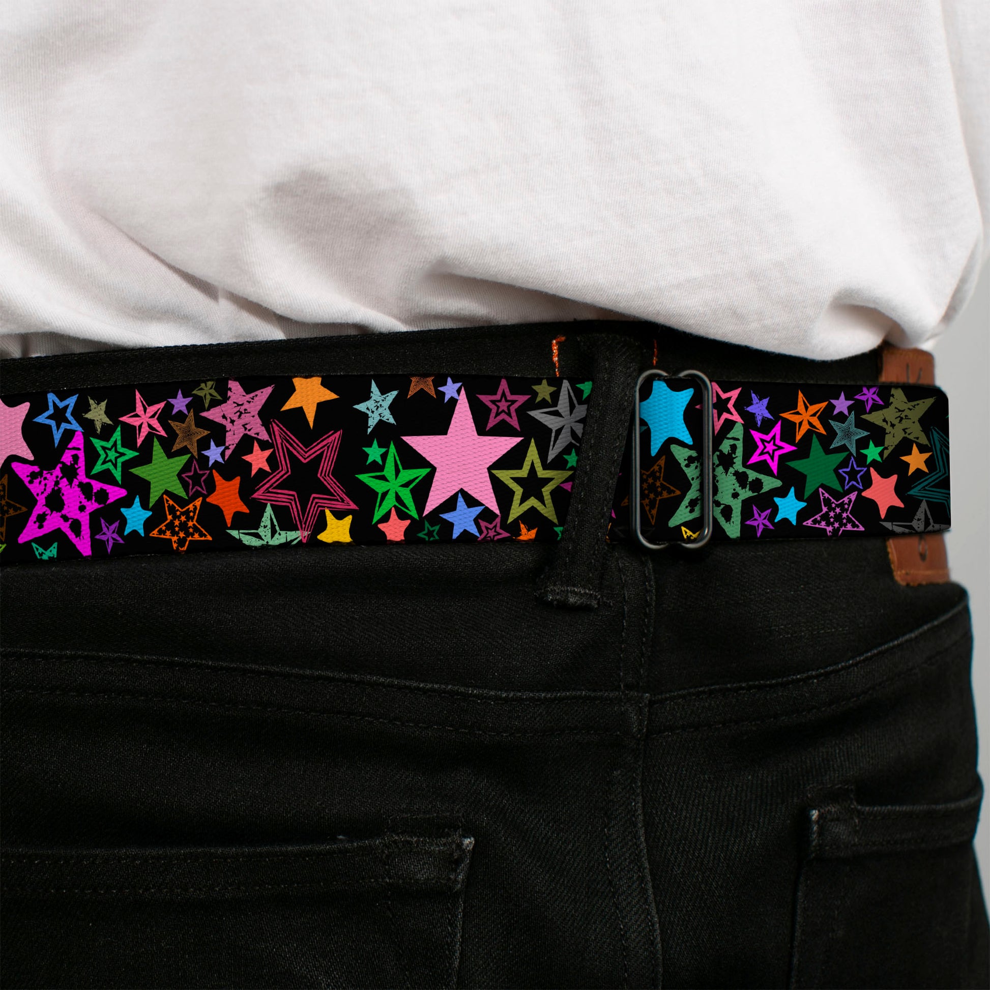 BD Wings Logo CLOSE-UP Full Color Black Silver Seatbelt Belt - Stargazer Black/Multi Color Webbing Seatbelt Belts Buckle-Down