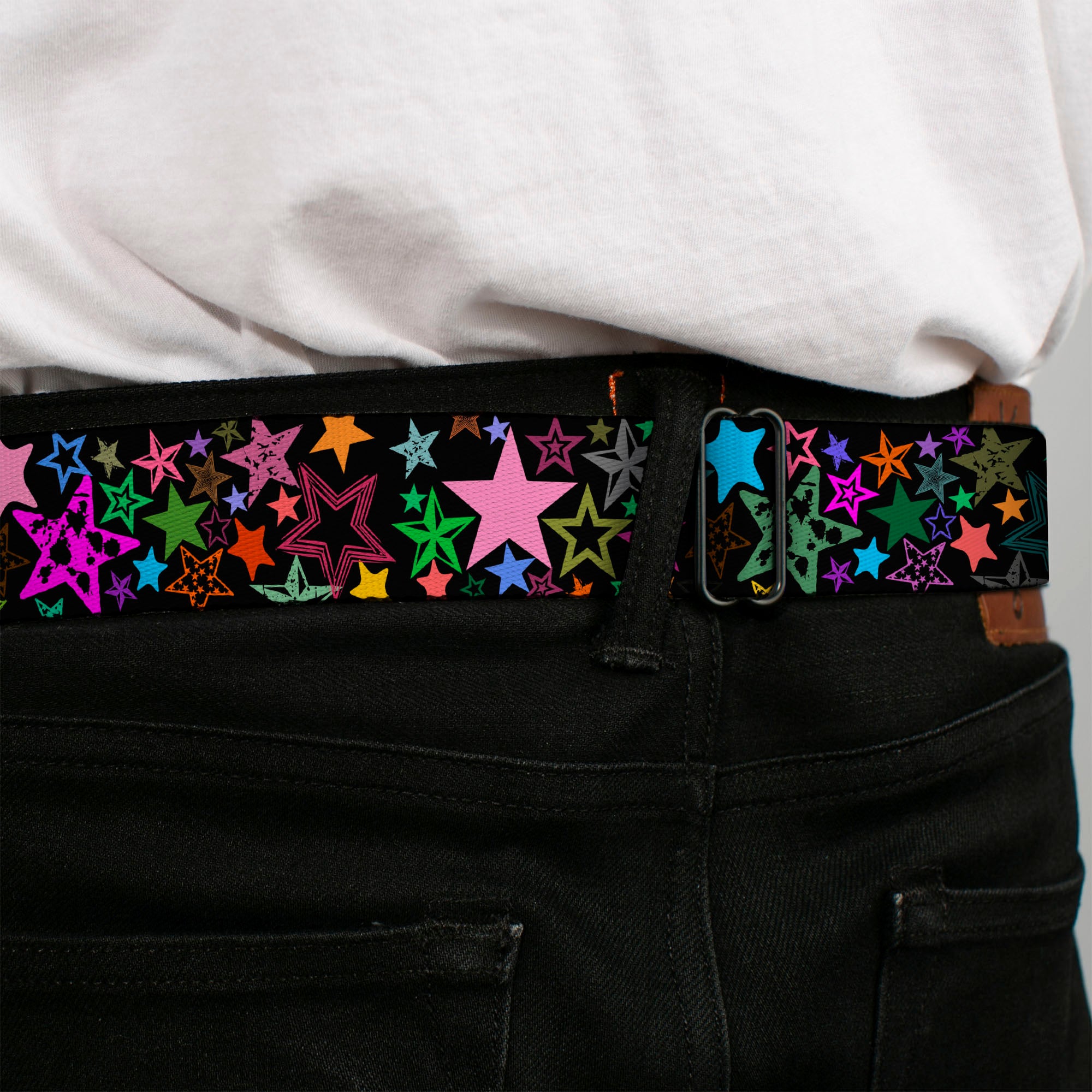 BD Wings Logo CLOSE-UP Full Color Black Silver Seatbelt Belt - Stargazer Black/Multi Color Webbing Seatbelt Belts Buckle-Down